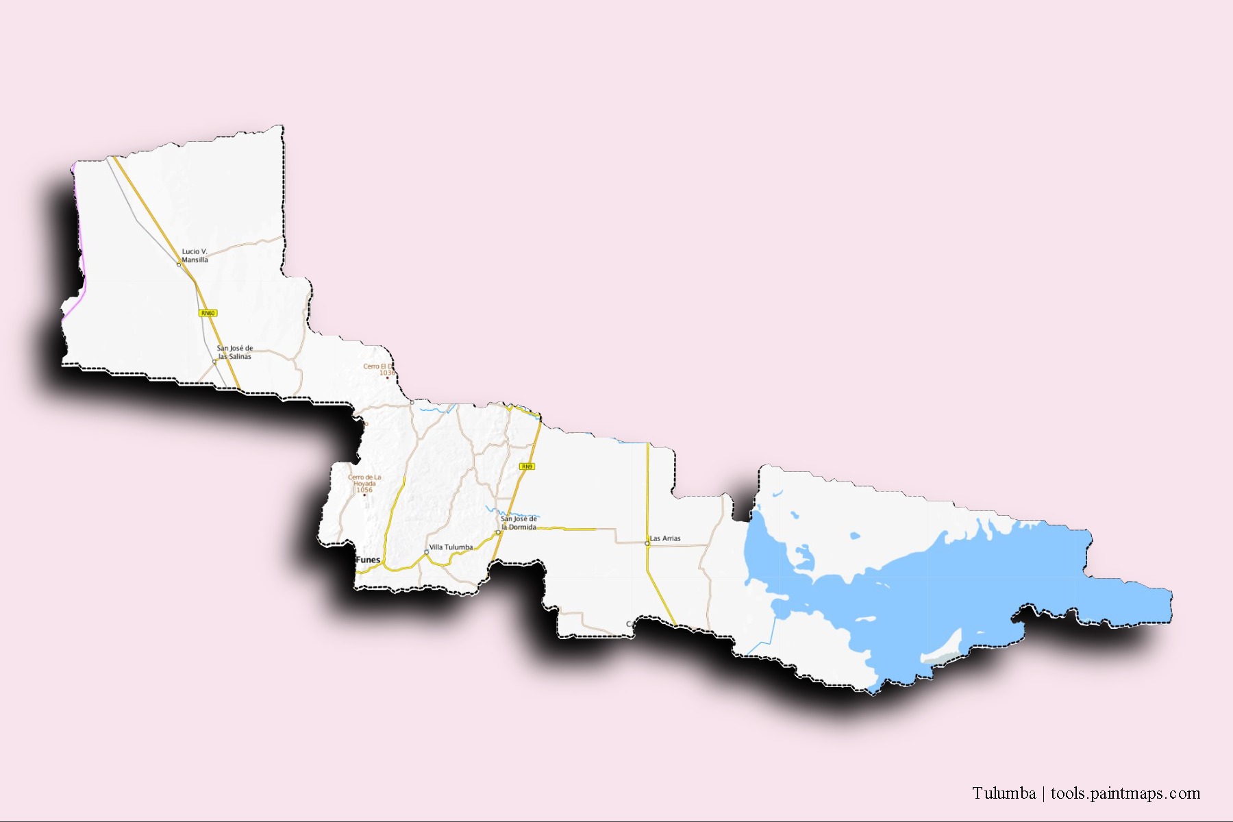 Mapa de barrios y pueblos de Tulumba con efecto de sombra 3D