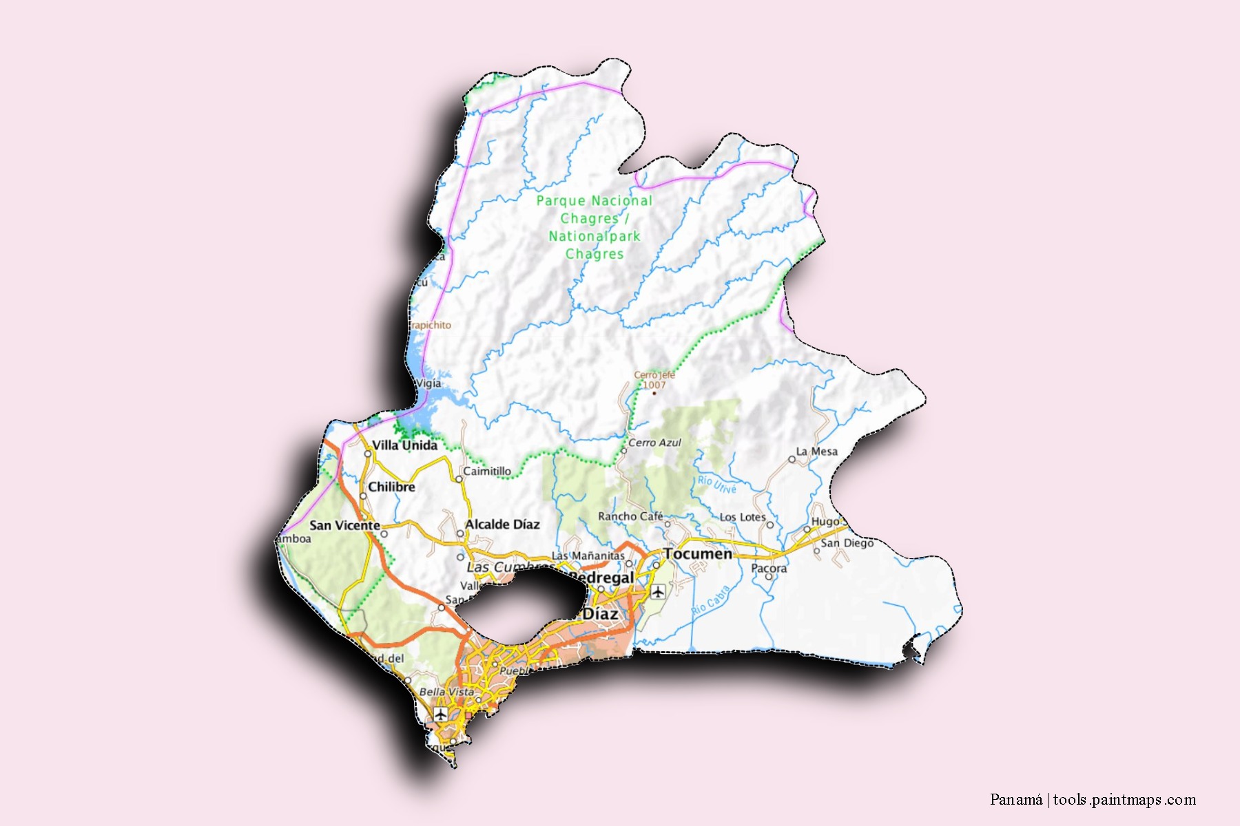 Panamá neighborhoods and villages map with 3D shadow effect