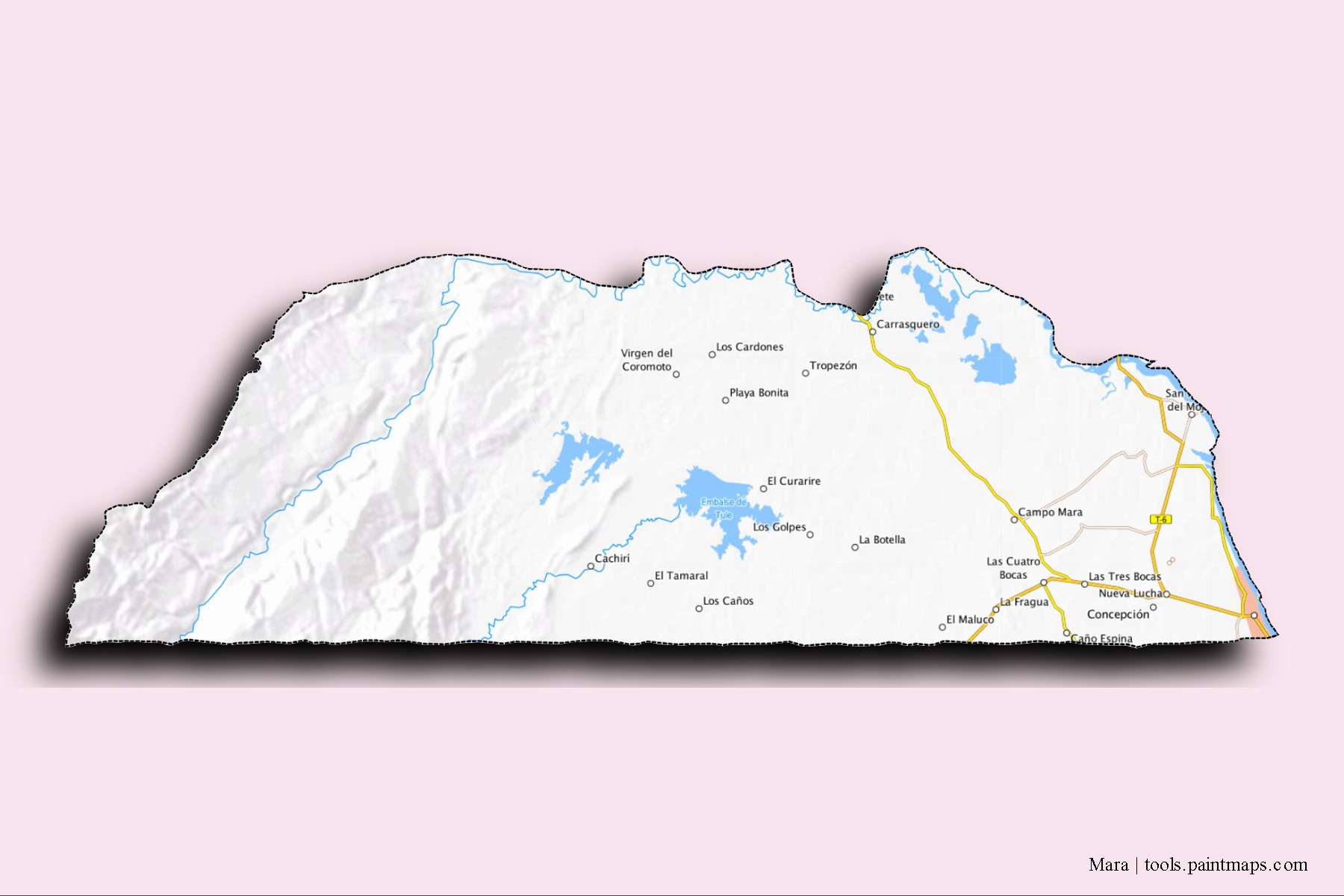 Mapa de barrios y pueblos de Mara con efecto de sombra 3D