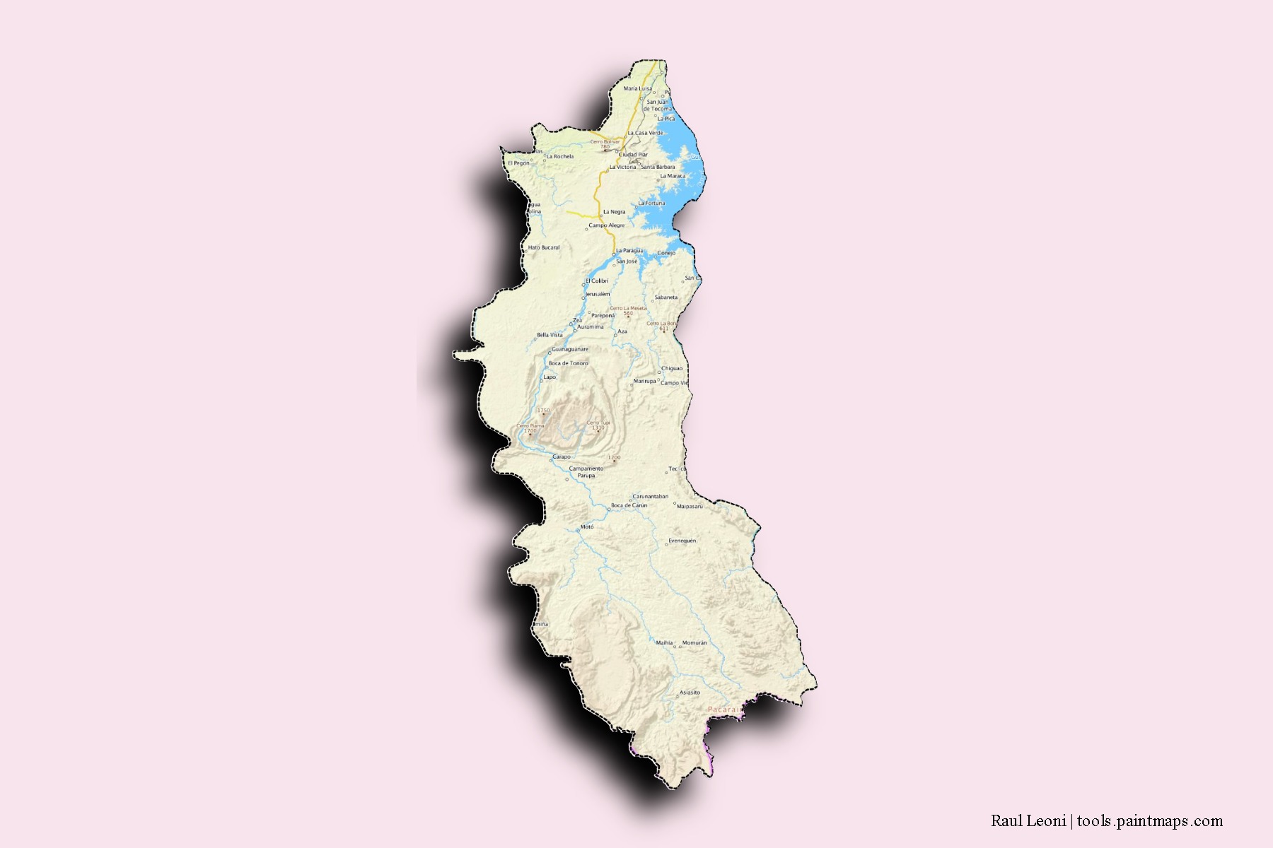 Mapa de barrios y pueblos de Raul Leoni con efecto de sombra 3D