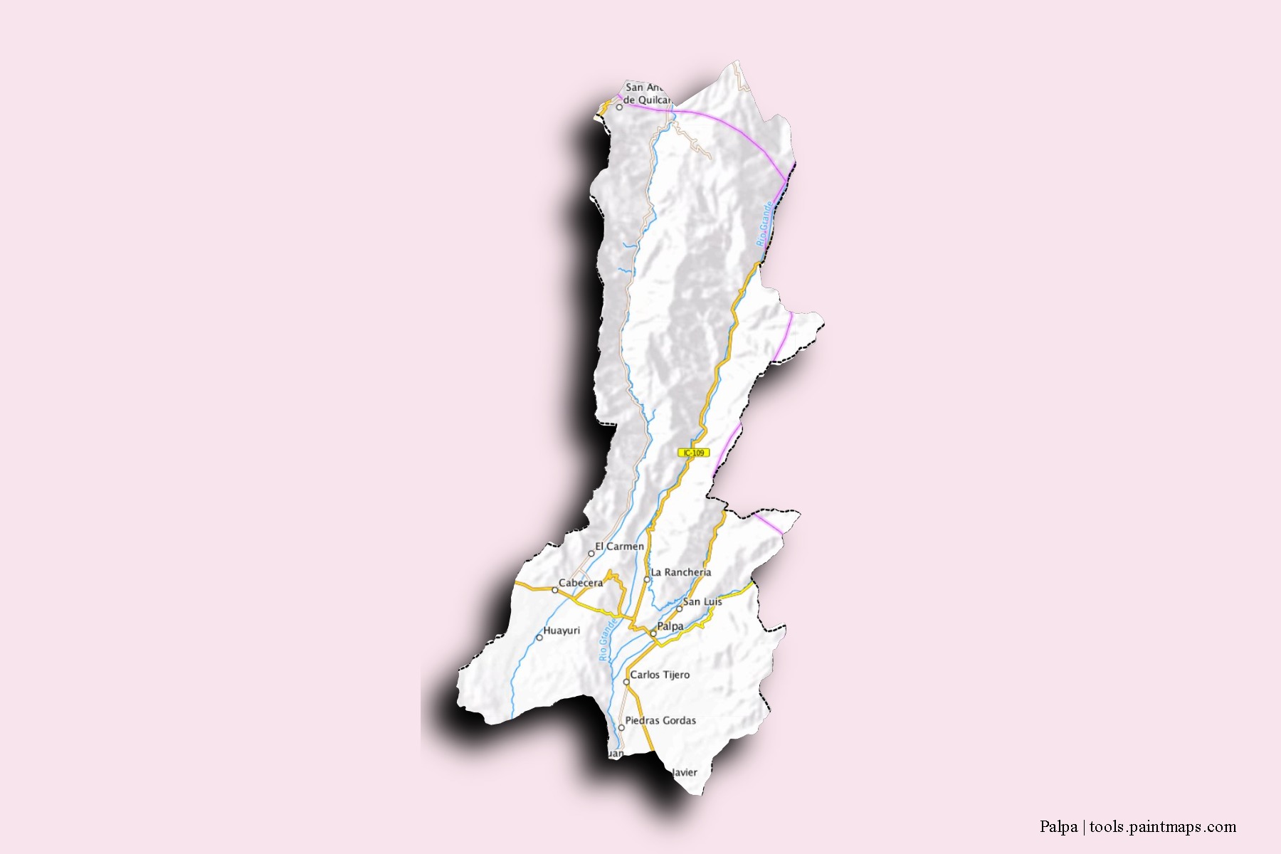 Palpa neighborhoods and villages map with 3D shadow effect