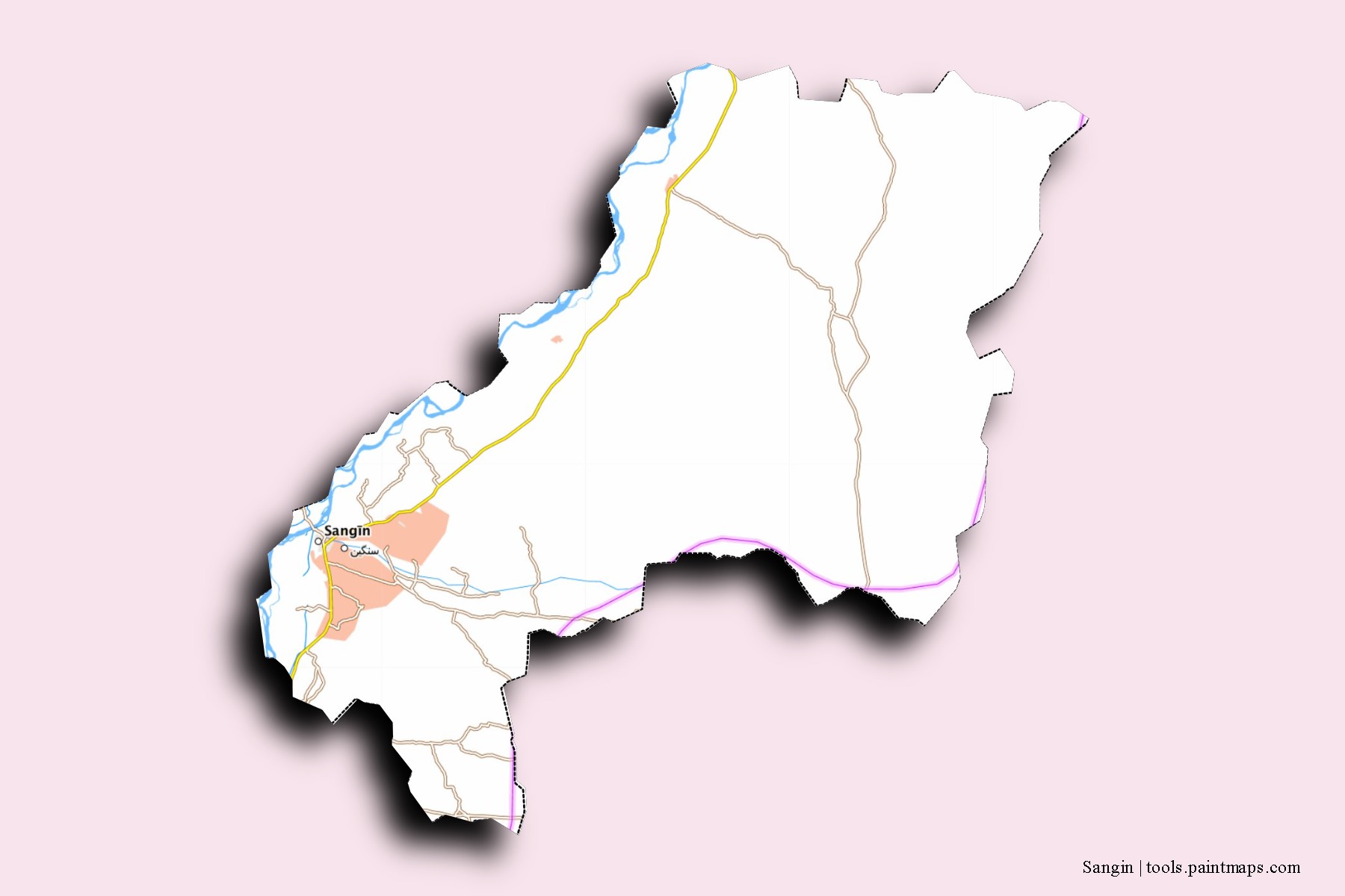 Sangin neighborhoods and villages map with 3D shadow effect