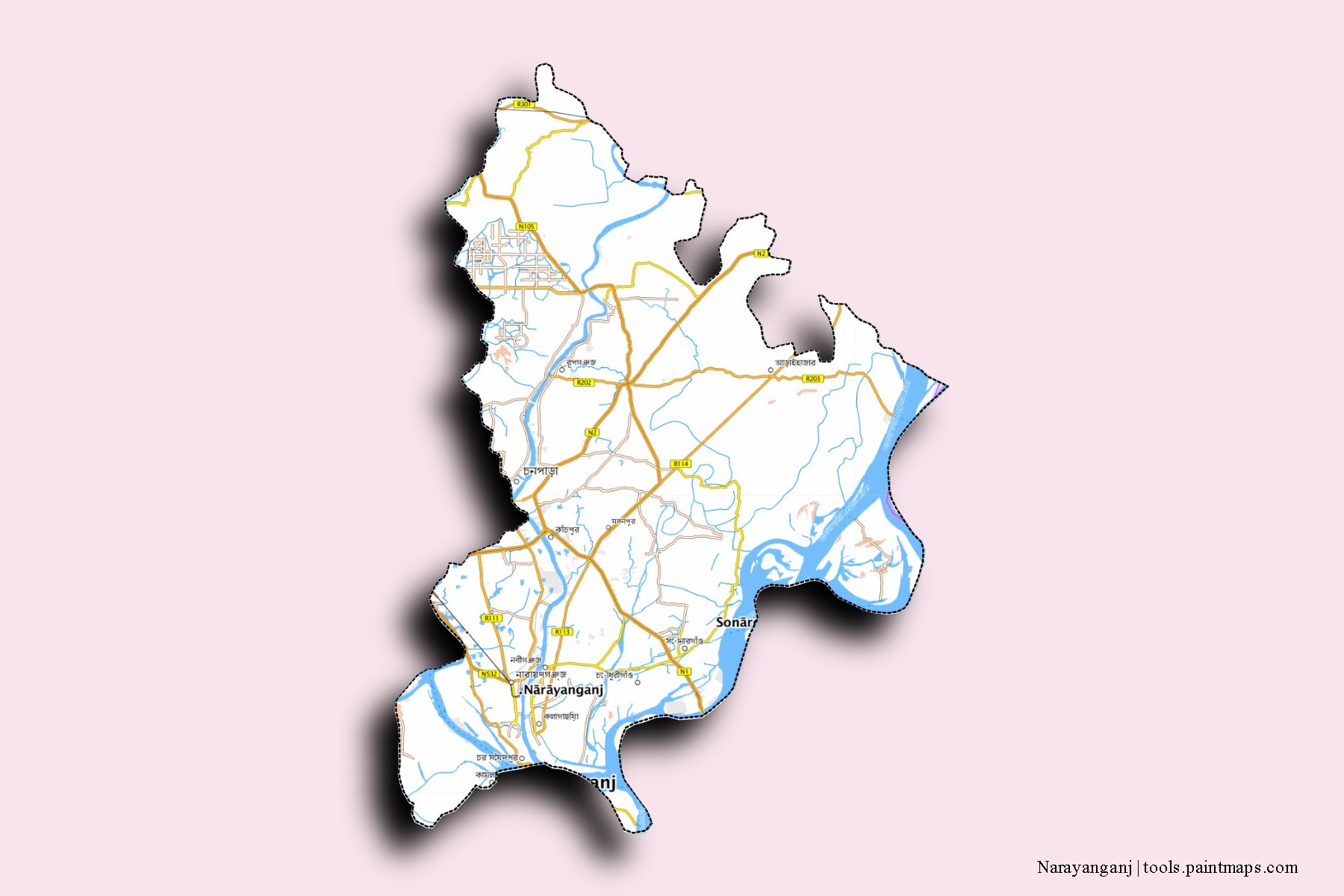 Mapa de barrios y pueblos de Narayanganj con efecto de sombra 3D