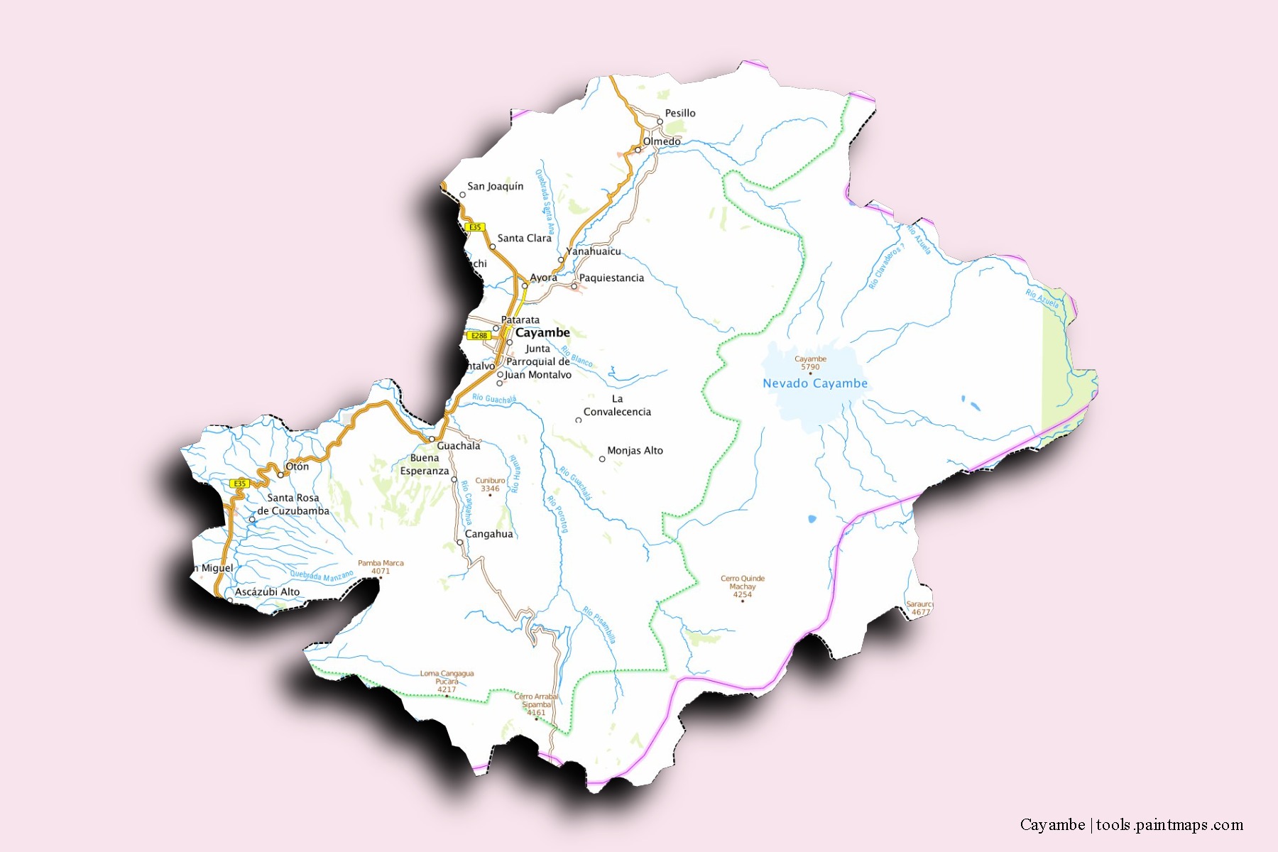 Mapa de barrios y pueblos de Cayambe con efecto de sombra 3D