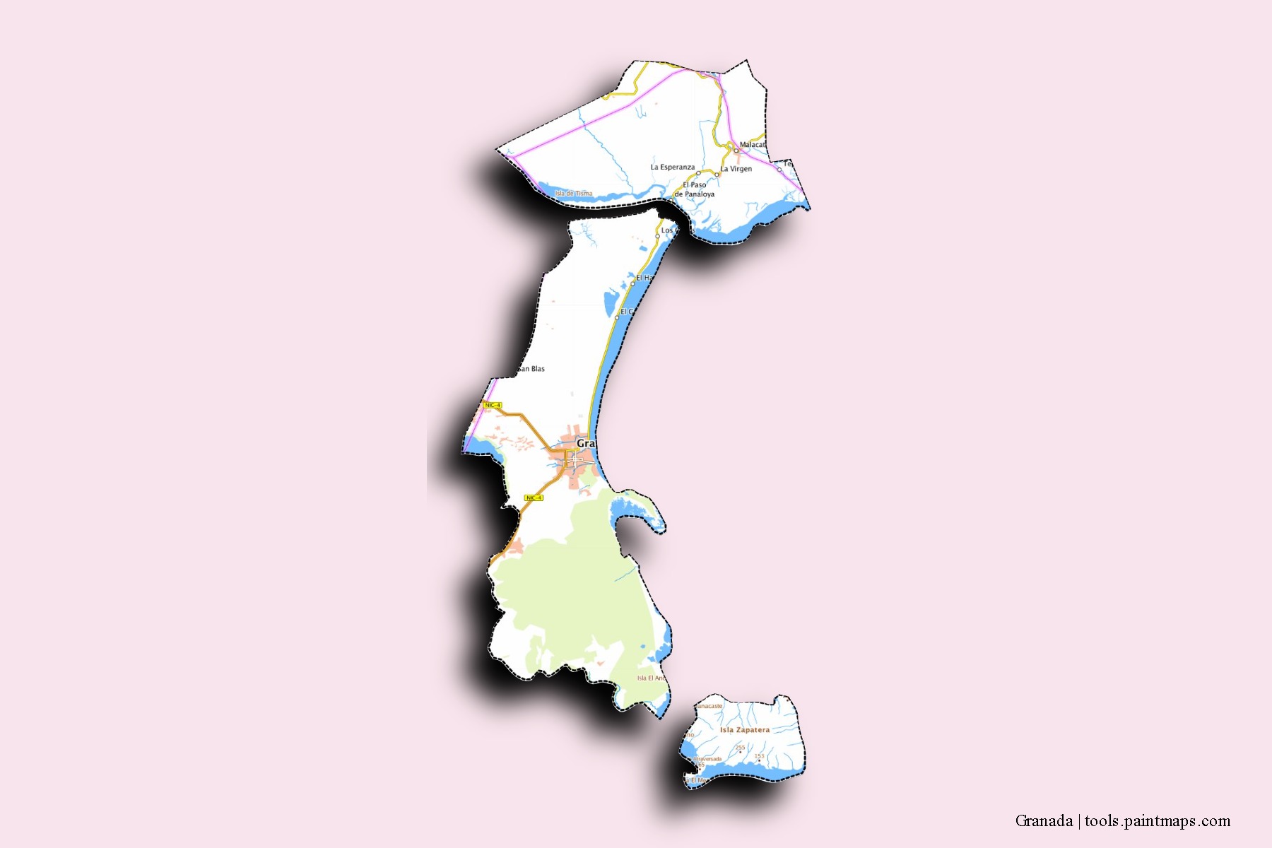 Mapa de barrios y pueblos de Granada con efecto de sombra 3D