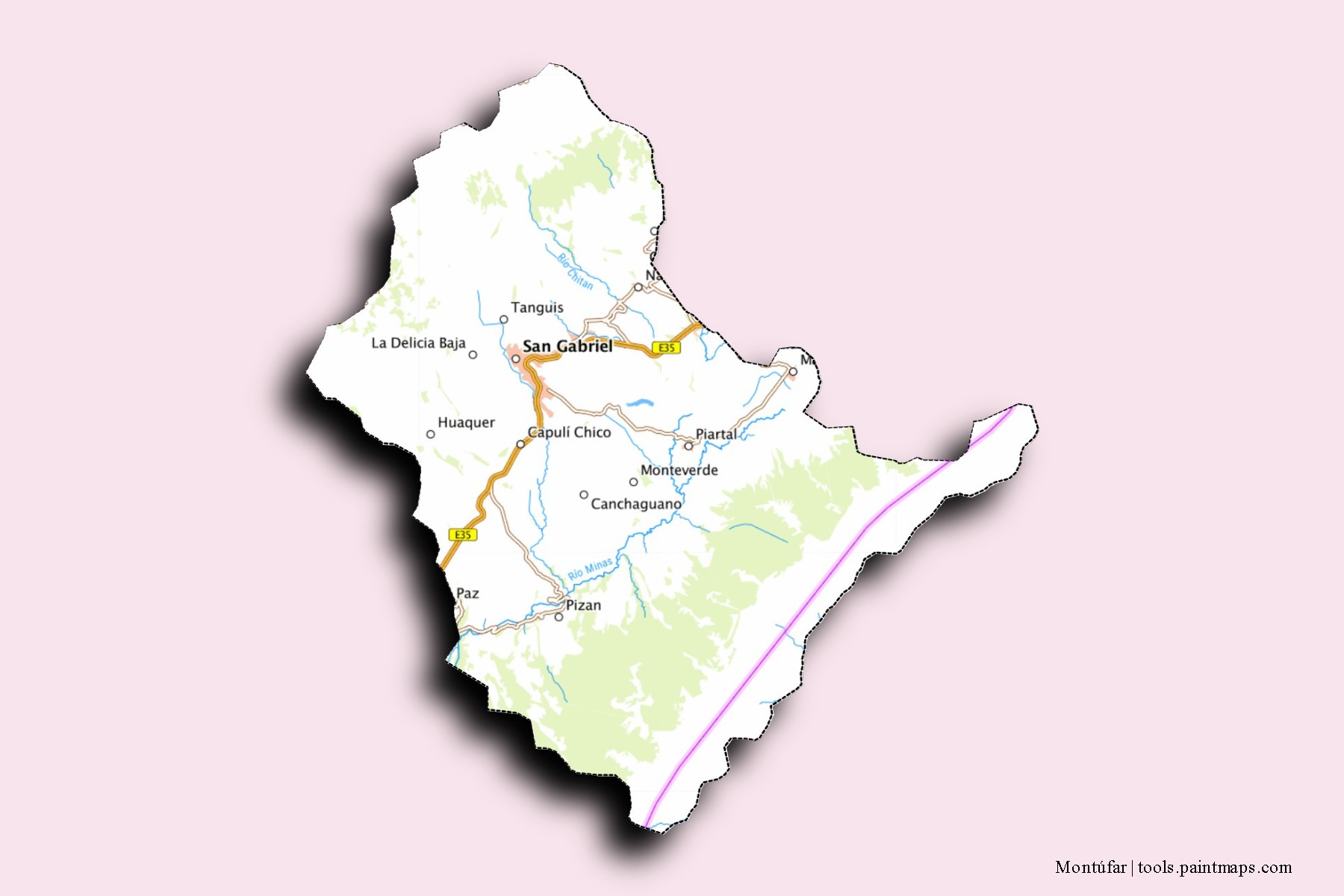 Mapa de barrios y pueblos de Montúfar con efecto de sombra 3D