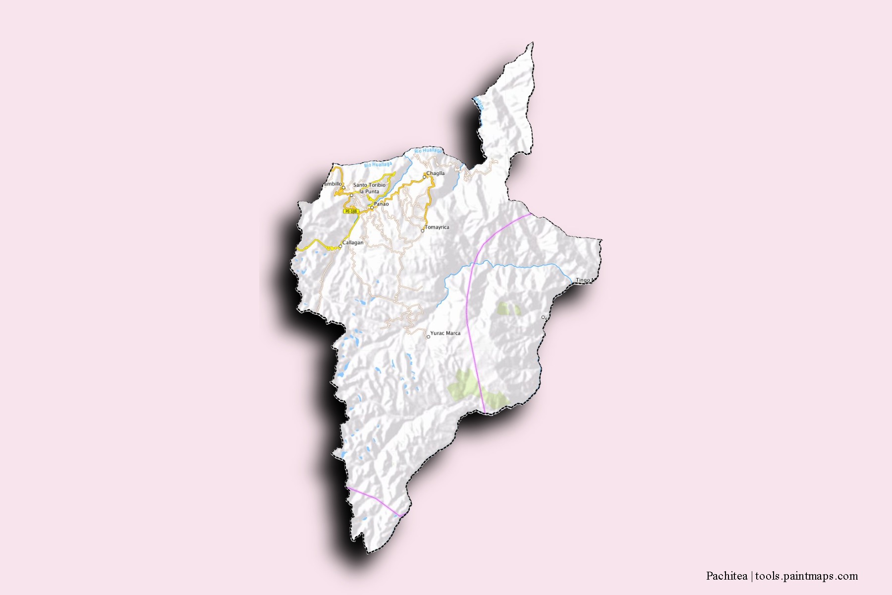 Mapa de barrios y pueblos de Pachitea con efecto de sombra 3D