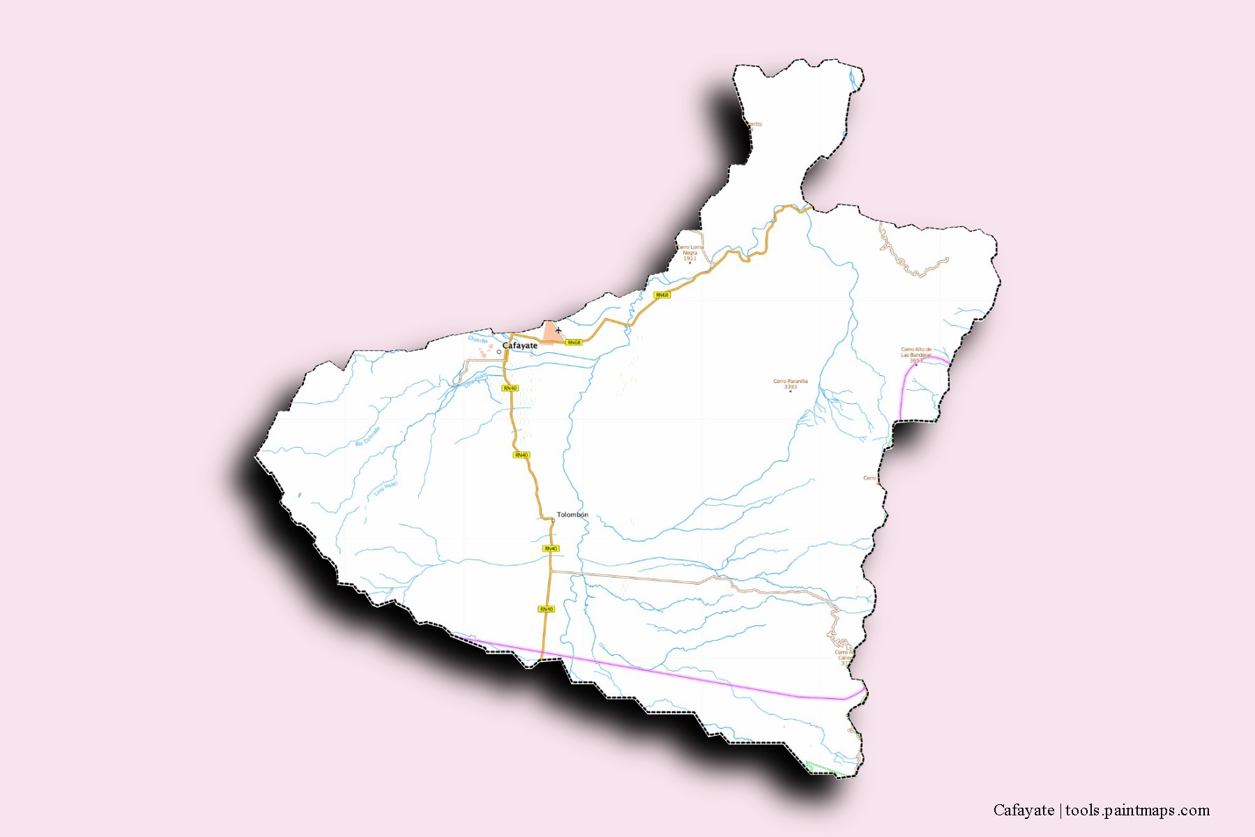 Cafayate neighborhoods and villages map with 3D shadow effect