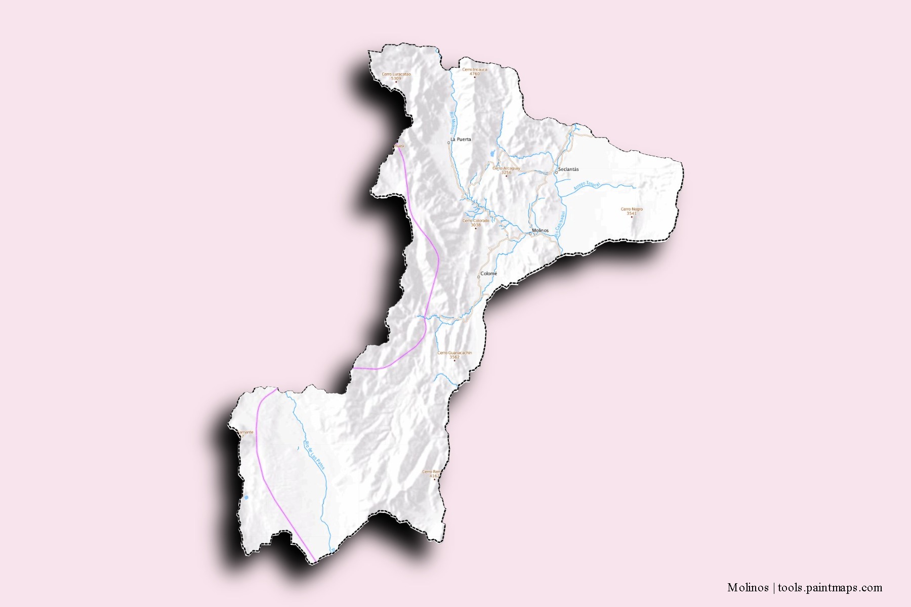 Mapa de barrios y pueblos de Molinos con efecto de sombra 3D