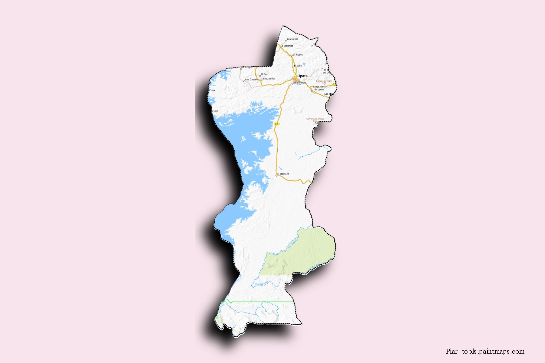 Mapa de barrios y pueblos de Piar con efecto de sombra 3D