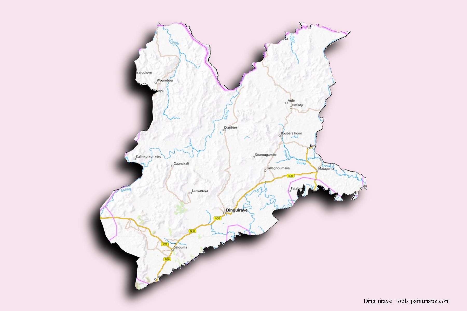 Mapa de barrios y pueblos de Dinguiraye con efecto de sombra 3D