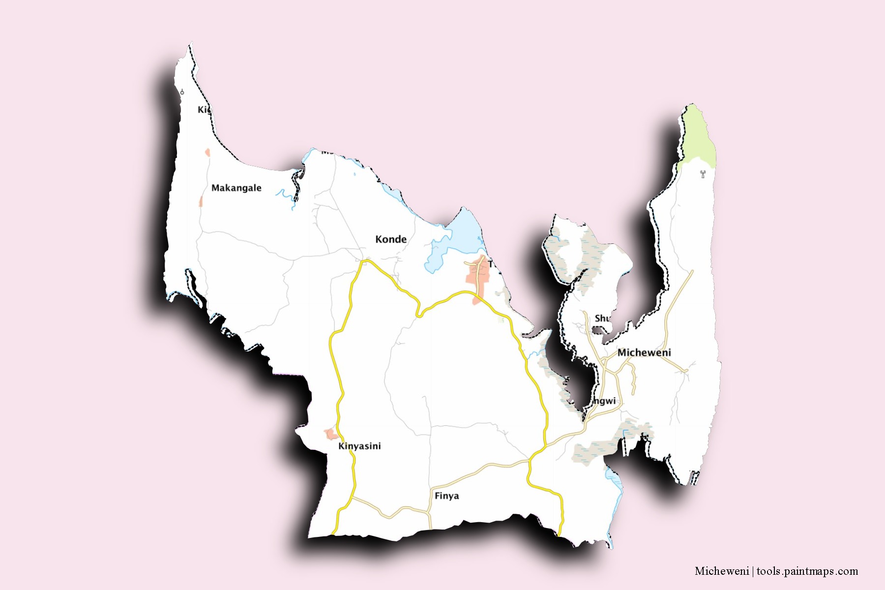 Mapa de barrios y pueblos de Micheweni con efecto de sombra 3D