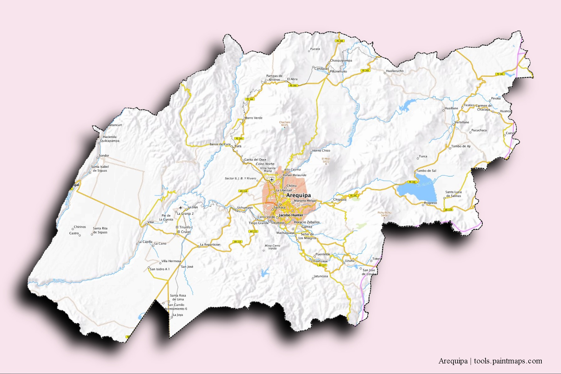 Mapa de barrios y pueblos de Arequipa con efecto de sombra 3D