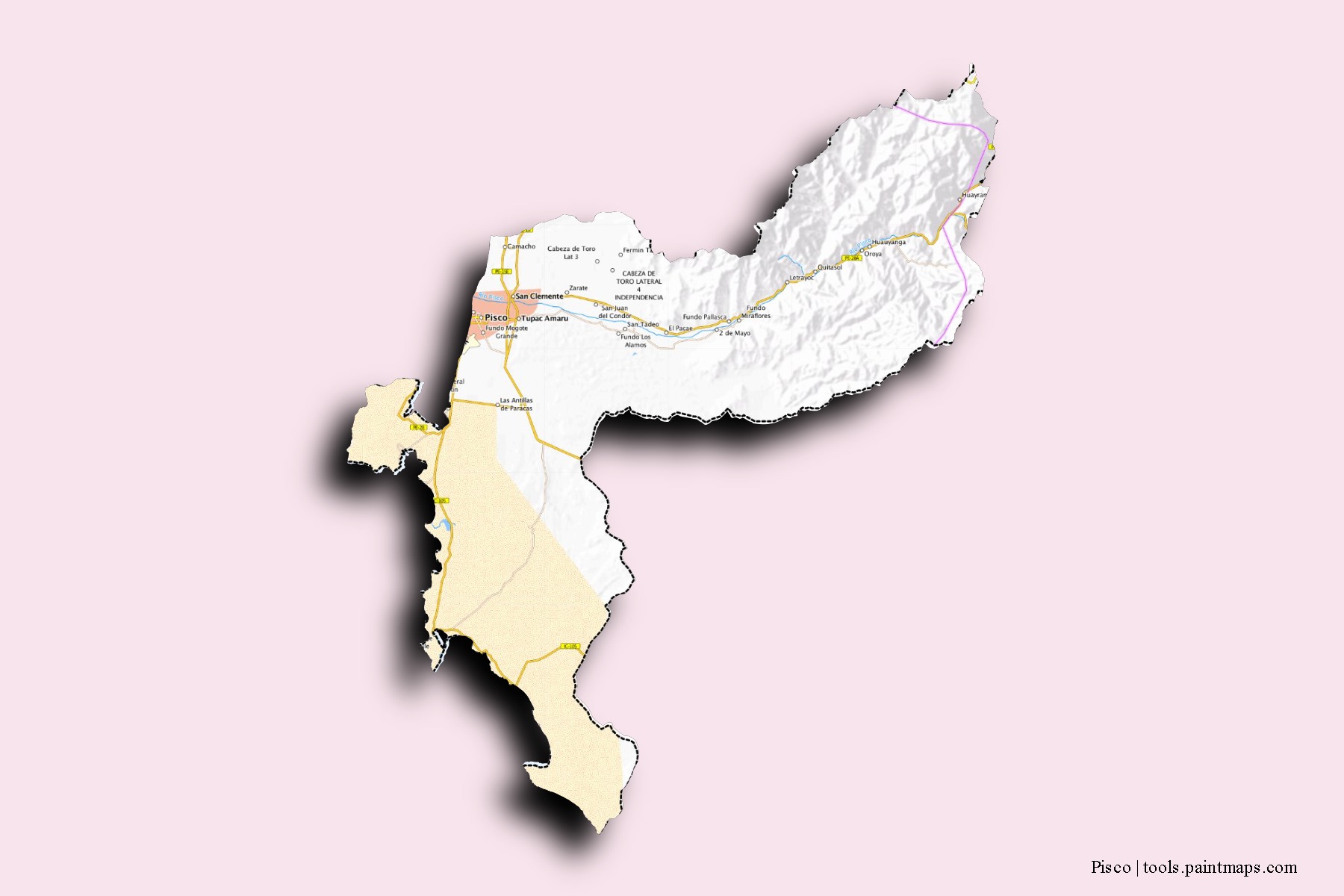 3D gölge efektli Pisco mahalleleri ve köyleri haritası