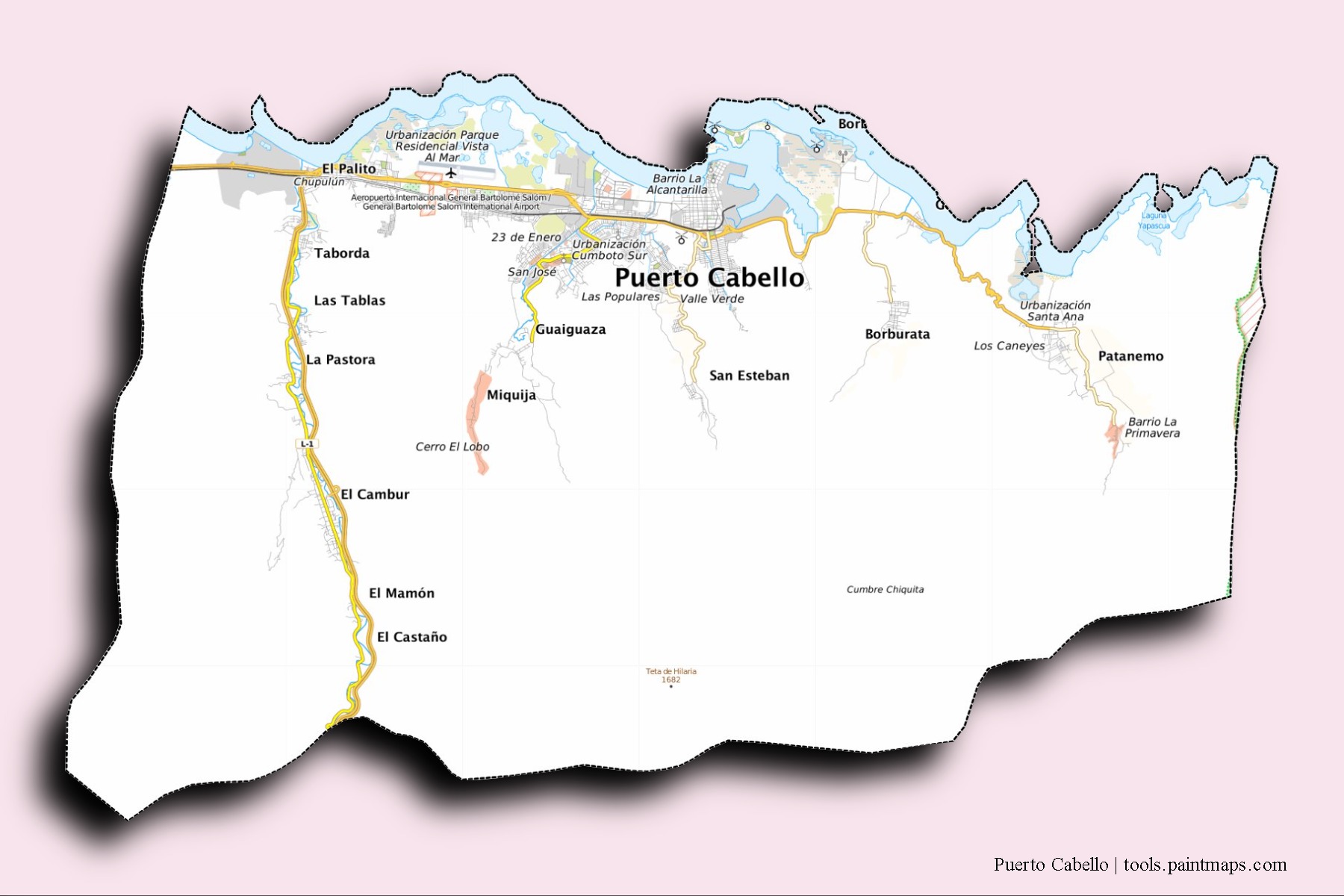 Mapa de barrios y pueblos de Puerto Cabello con efecto de sombra 3D