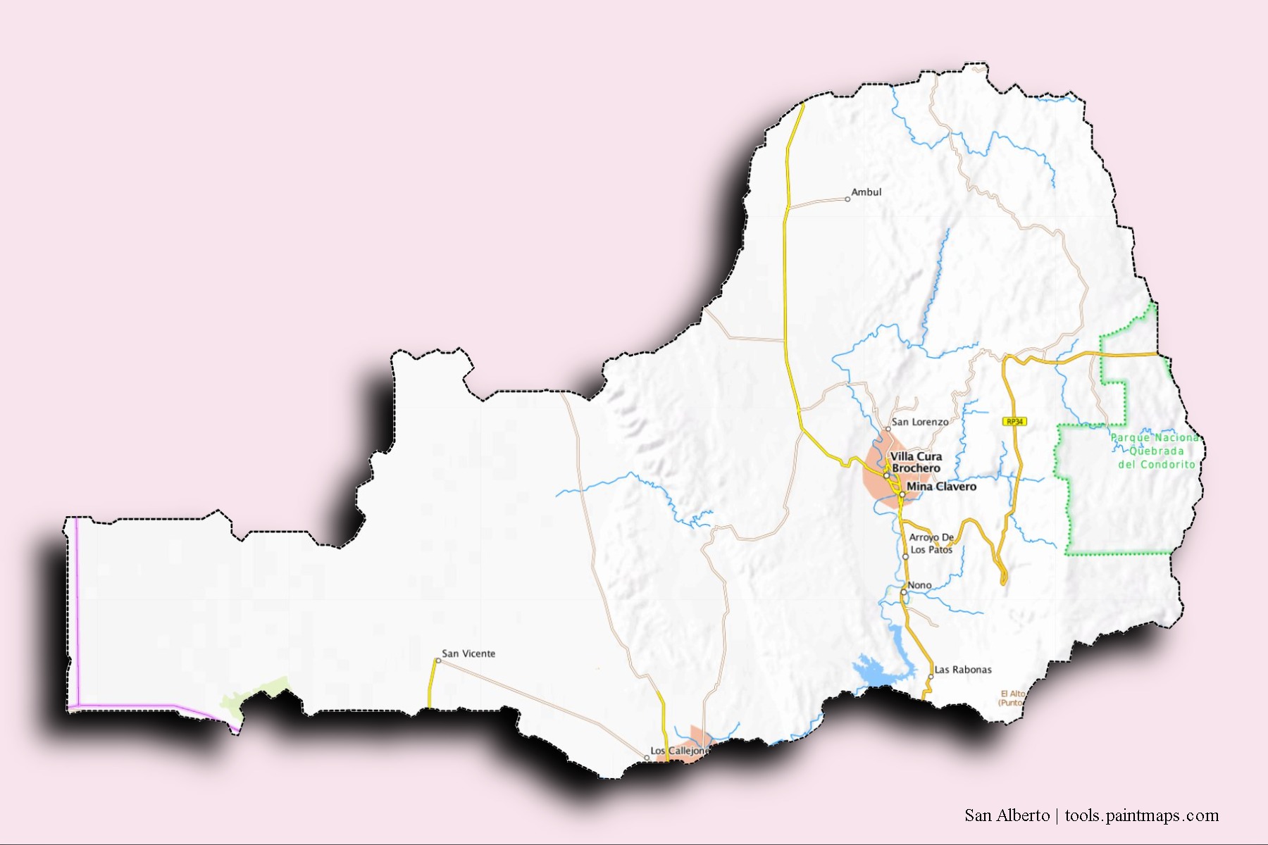 San Alberto neighborhoods and villages map with 3D shadow effect