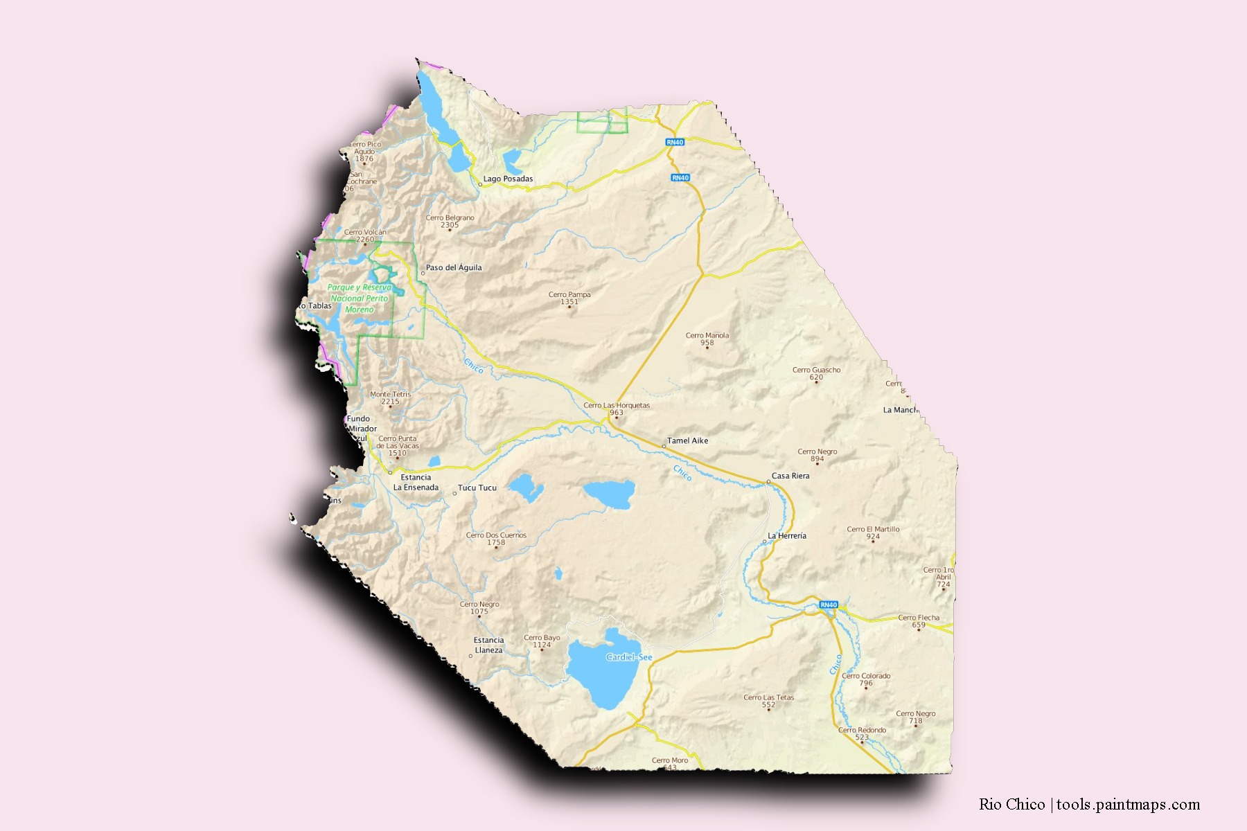 Mapa de barrios y pueblos de Rio Chico con efecto de sombra 3D