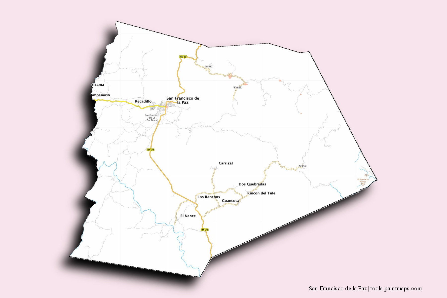 Mapa de barrios y pueblos de San Francisco de la Paz con efecto de sombra 3D