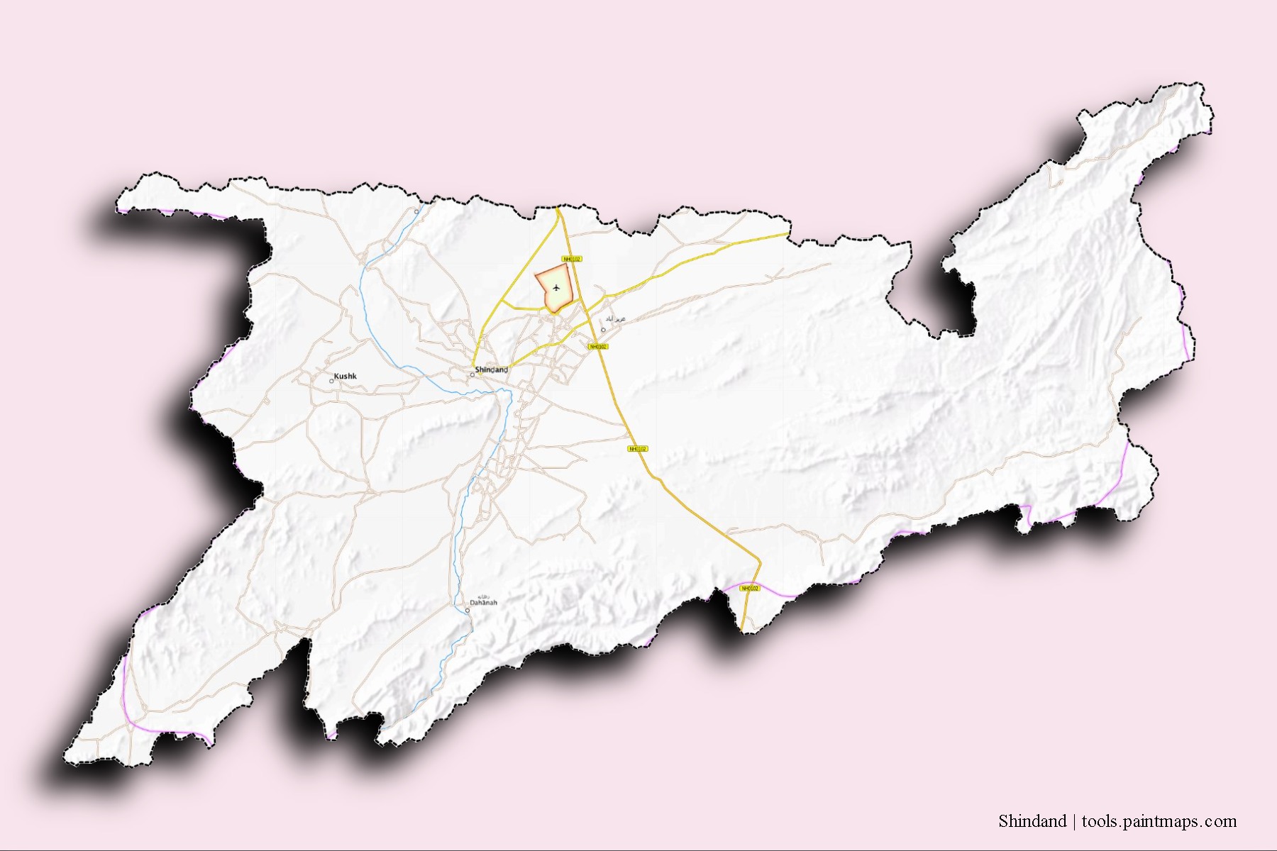 3D gölge efektli Şindand ilçesi mahalleleri ve köyleri haritası