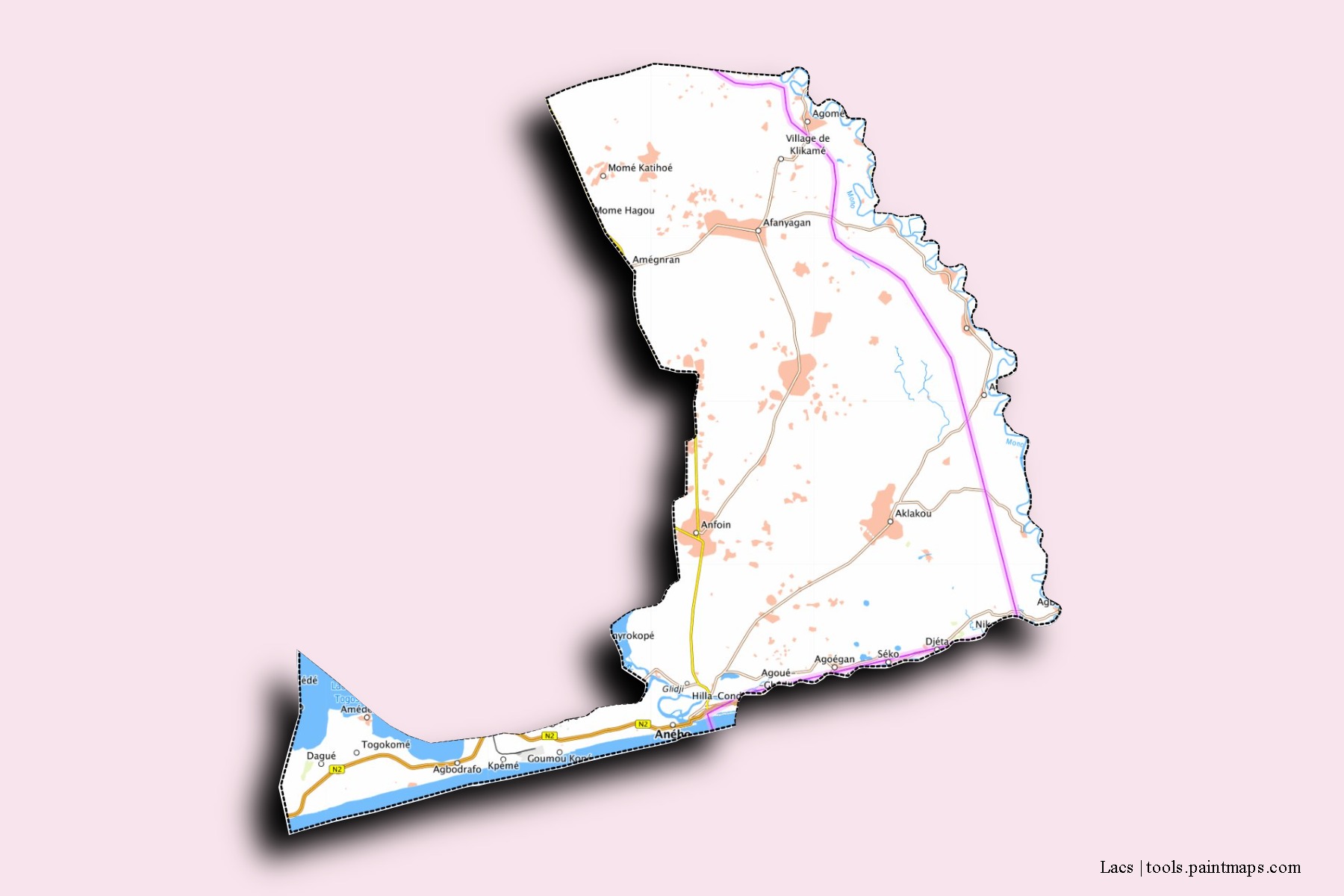 Mapa de barrios y pueblos de Lacs con efecto de sombra 3D