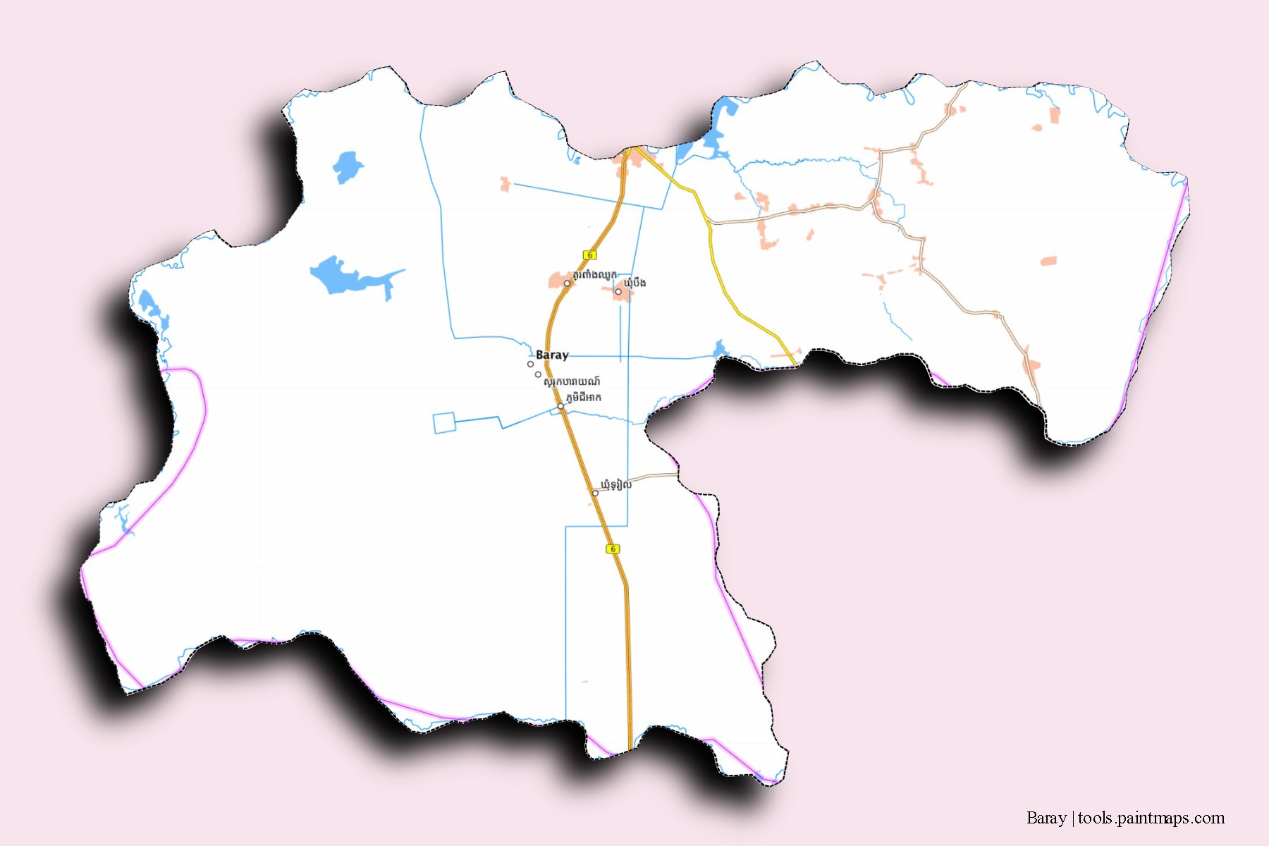 Mapa de barrios y pueblos de Baray con efecto de sombra 3D