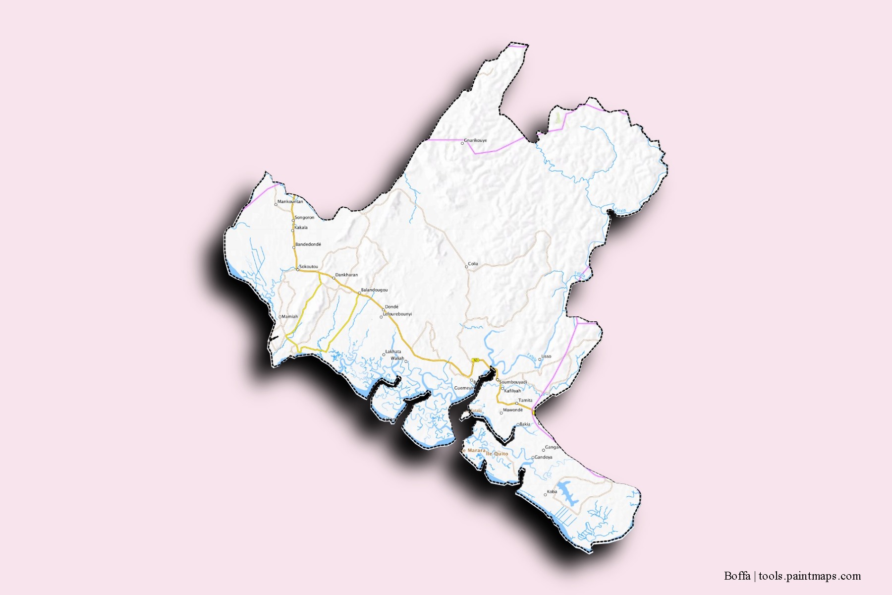 Mapa de barrios y pueblos de Boffa con efecto de sombra 3D