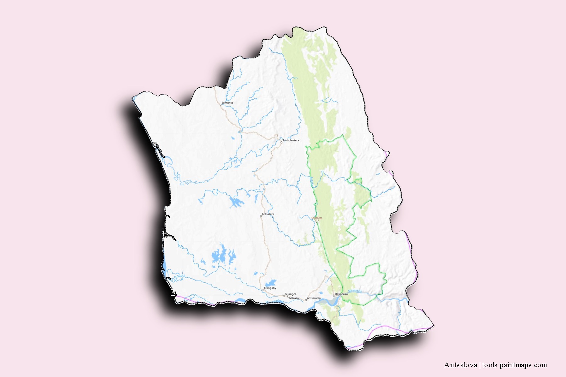 Mapa de barrios y pueblos de Antsalova con efecto de sombra 3D