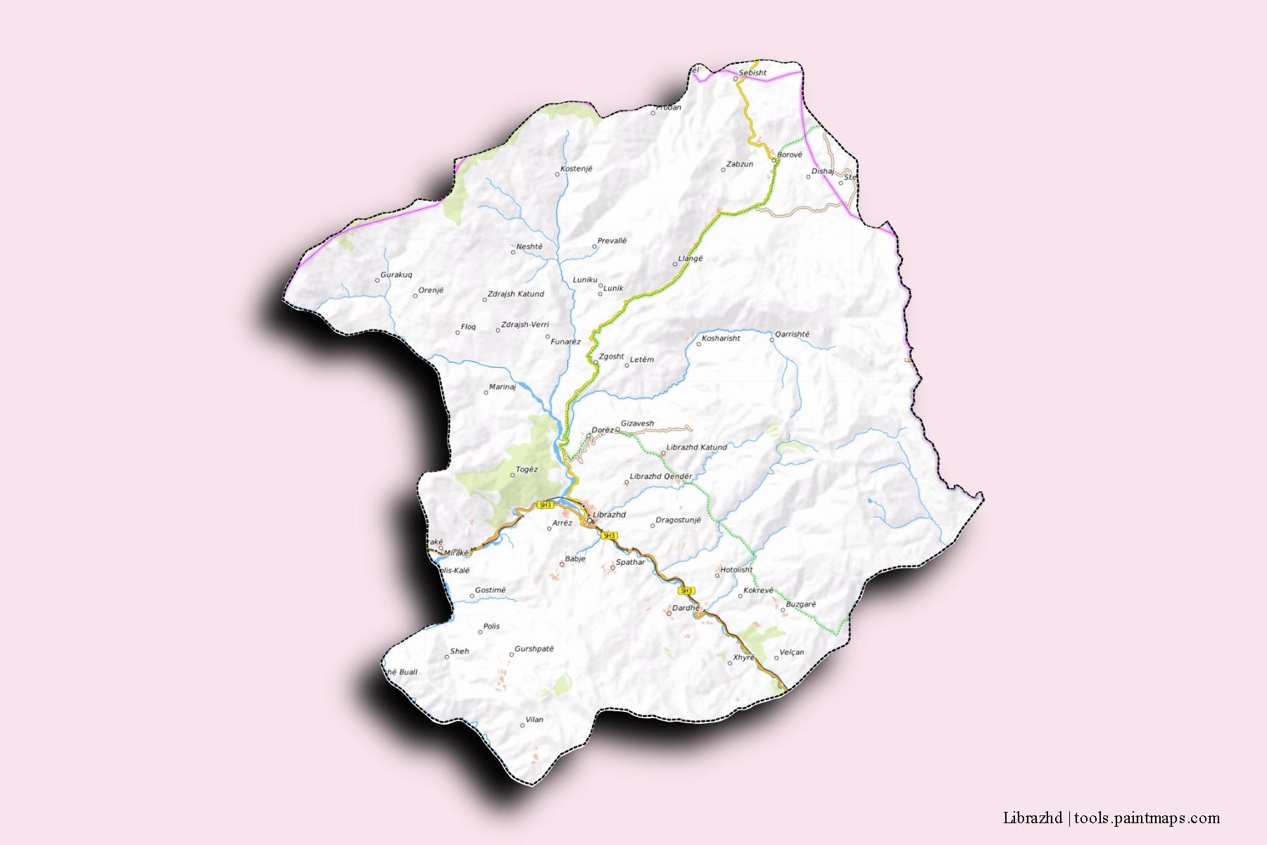 Mapa de barrios y pueblos de Librazhd con efecto de sombra 3D