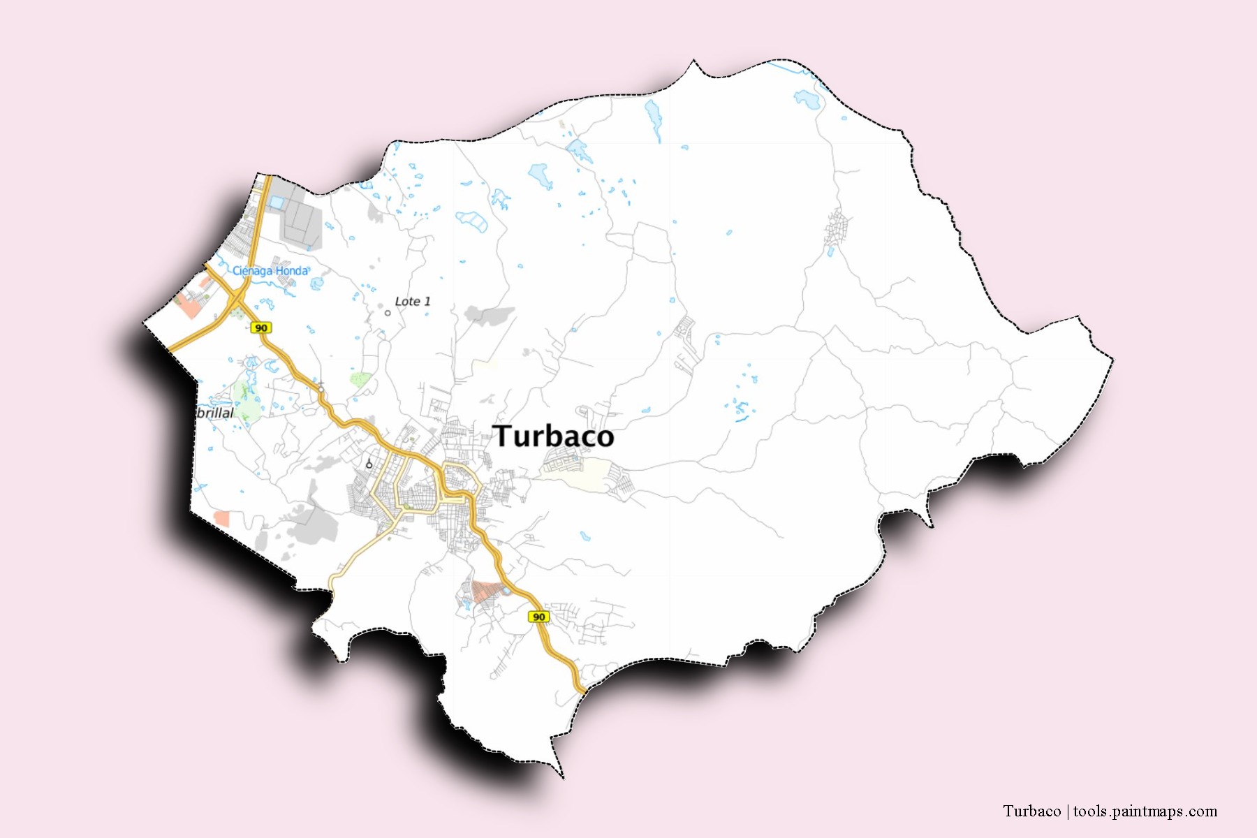 Turbaco neighborhoods and villages map with 3D shadow effect