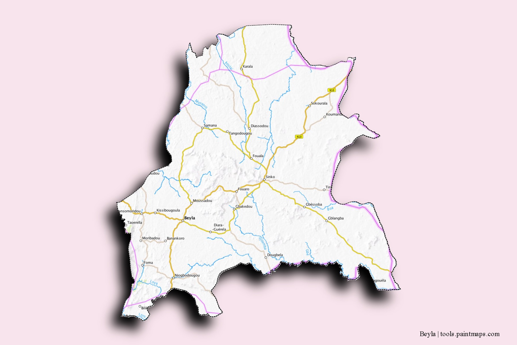 Mapa de barrios y pueblos de Beyla con efecto de sombra 3D