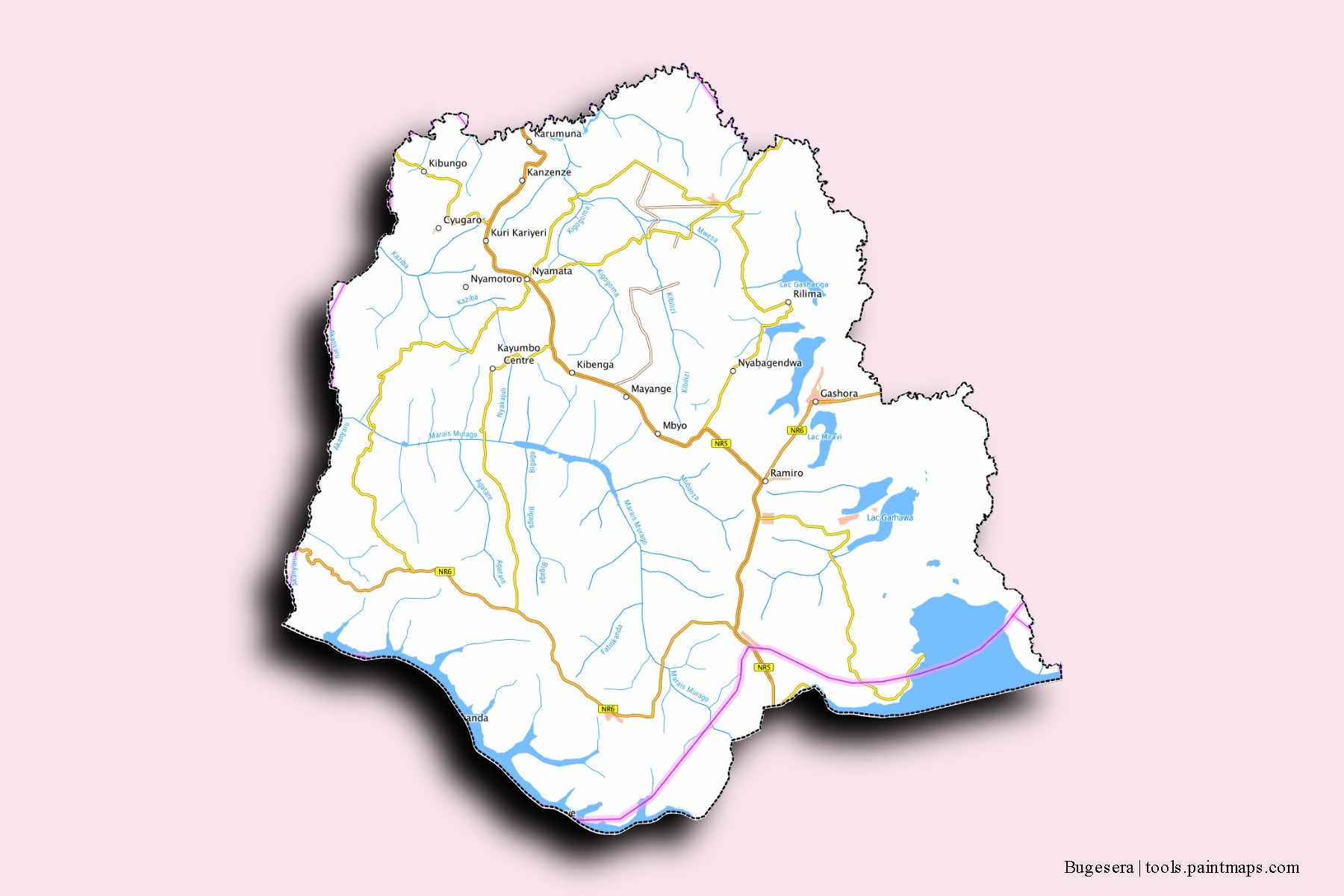 Mapa de barrios y pueblos de Bugesera con efecto de sombra 3D