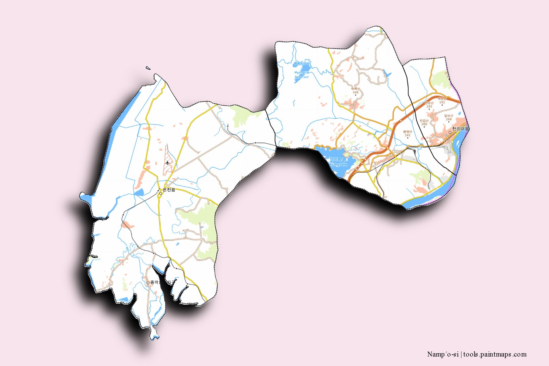 Namp´o-si and counties map with 3D shadow effect