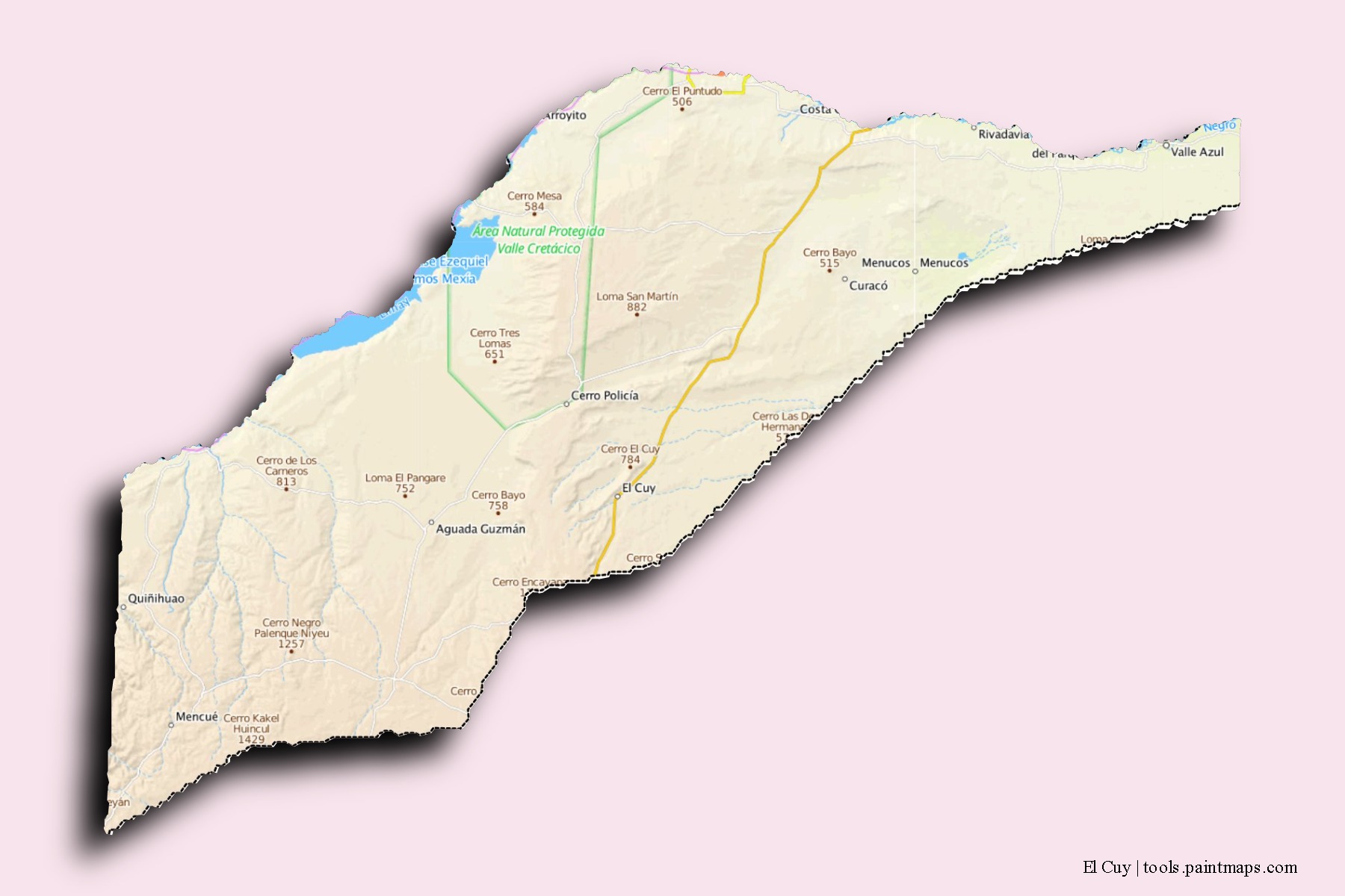 Mapa de barrios y pueblos de El Cuy con efecto de sombra 3D