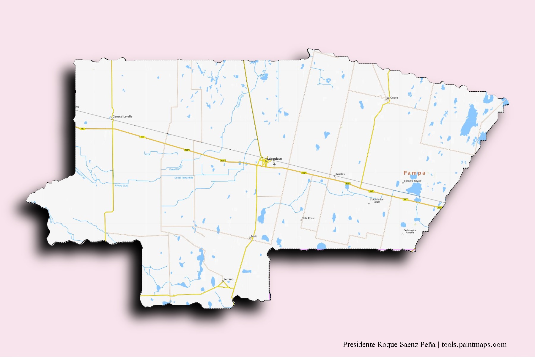 Mapa de barrios y pueblos de Presidente Roque Saenz Peña con efecto de sombra 3D