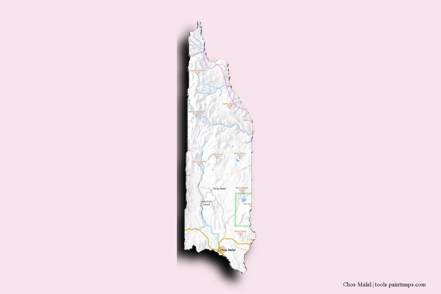 Mapa de barrios y pueblos de Chos Malal con efecto de sombra 3D