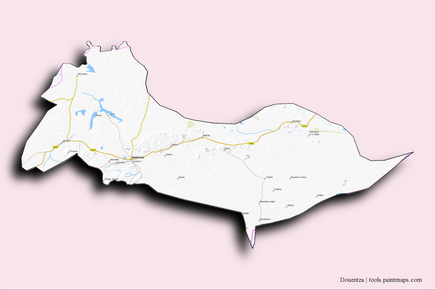 3D gölge efektli Douentza mahalleleri ve köyleri haritası
