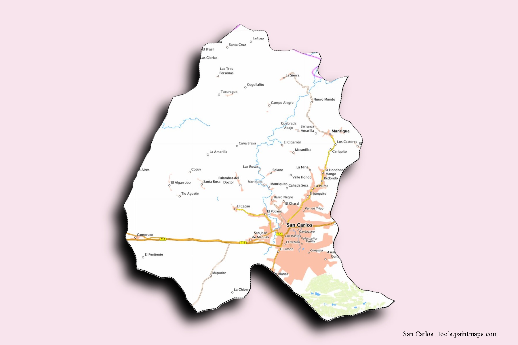 Mapa de barrios y pueblos de San Carlos con efecto de sombra 3D