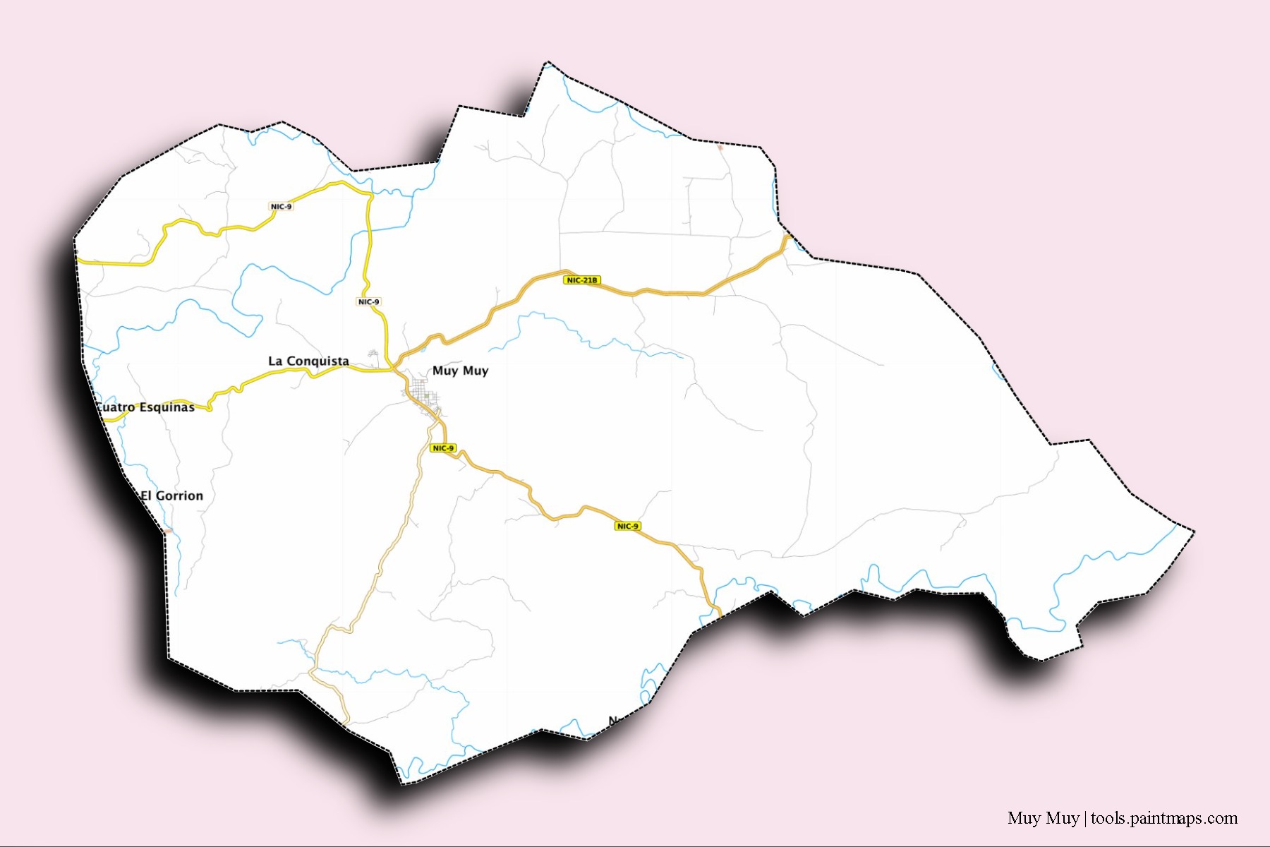 Mapa de barrios y pueblos de Muy Muy con efecto de sombra 3D