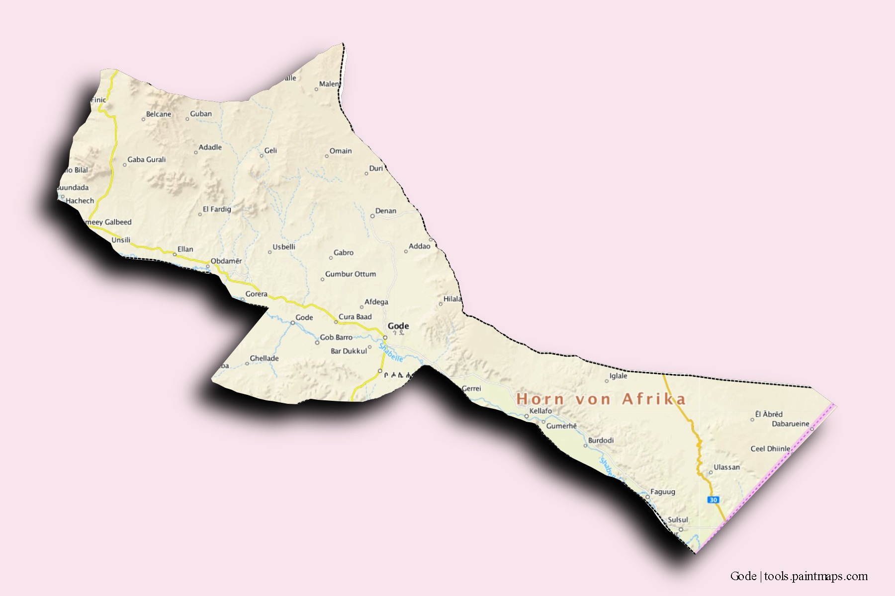 Mapa de barrios y pueblos de Gode con efecto de sombra 3D