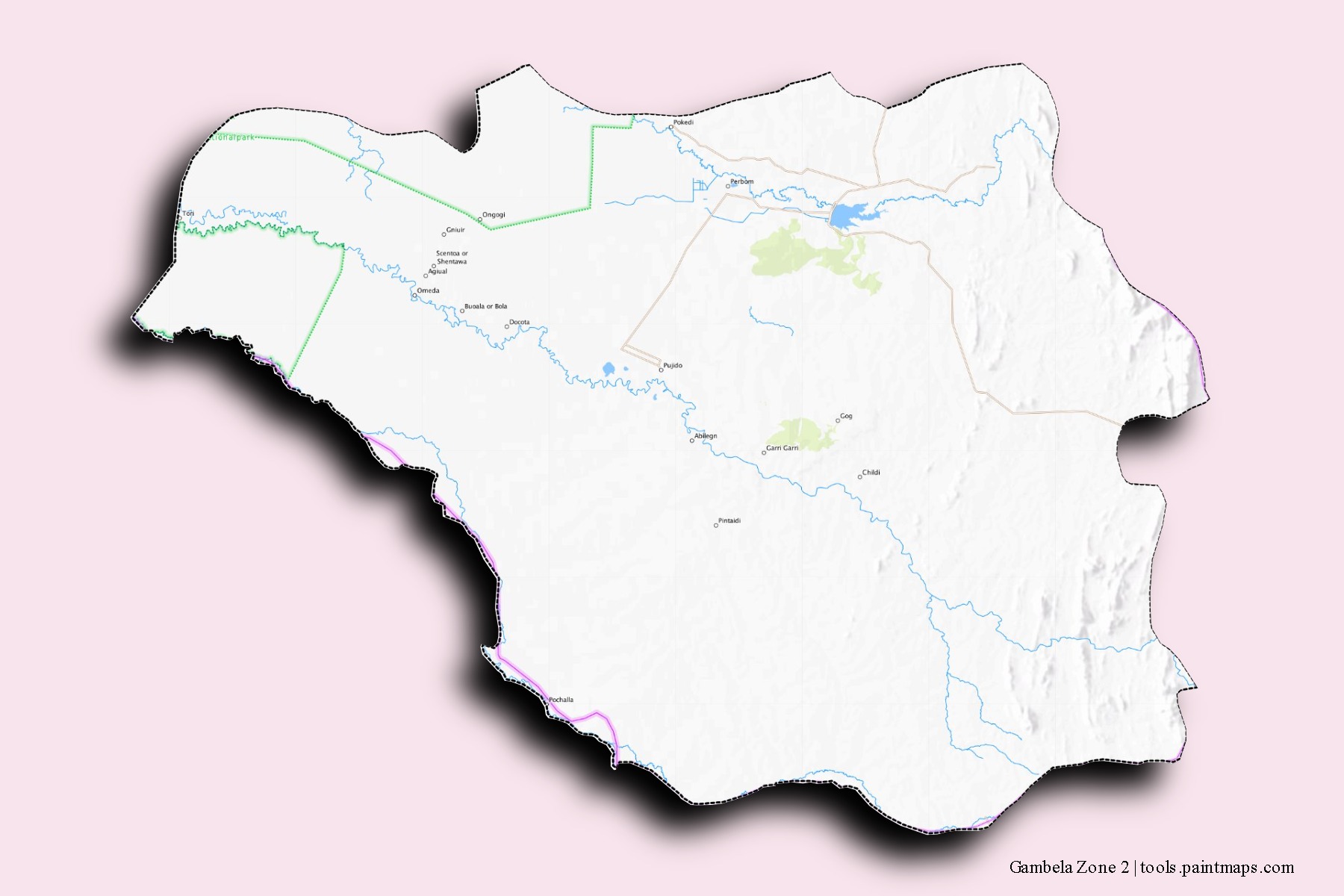 Mapa de barrios y pueblos de Gambela Zone 2 con efecto de sombra 3D