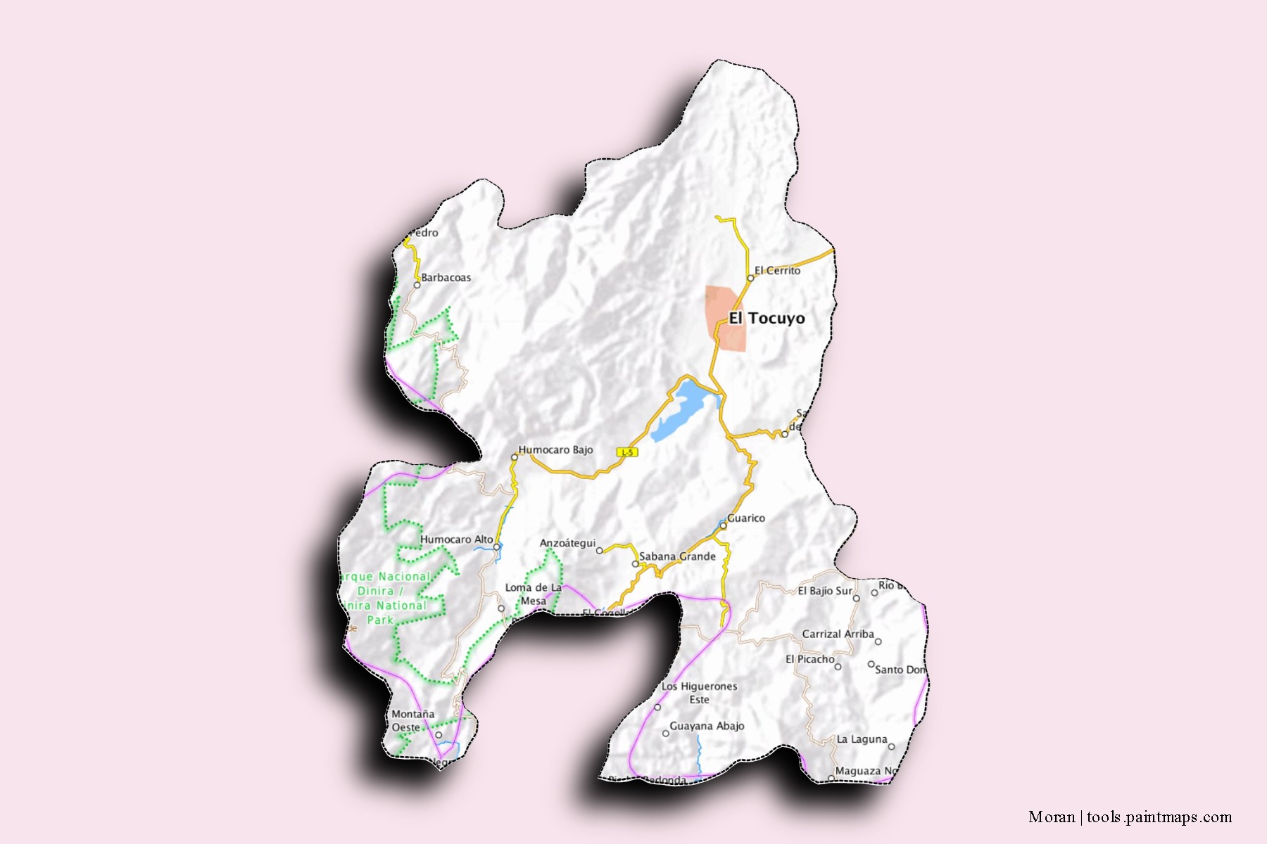 Mapa de barrios y pueblos de Moran con efecto de sombra 3D