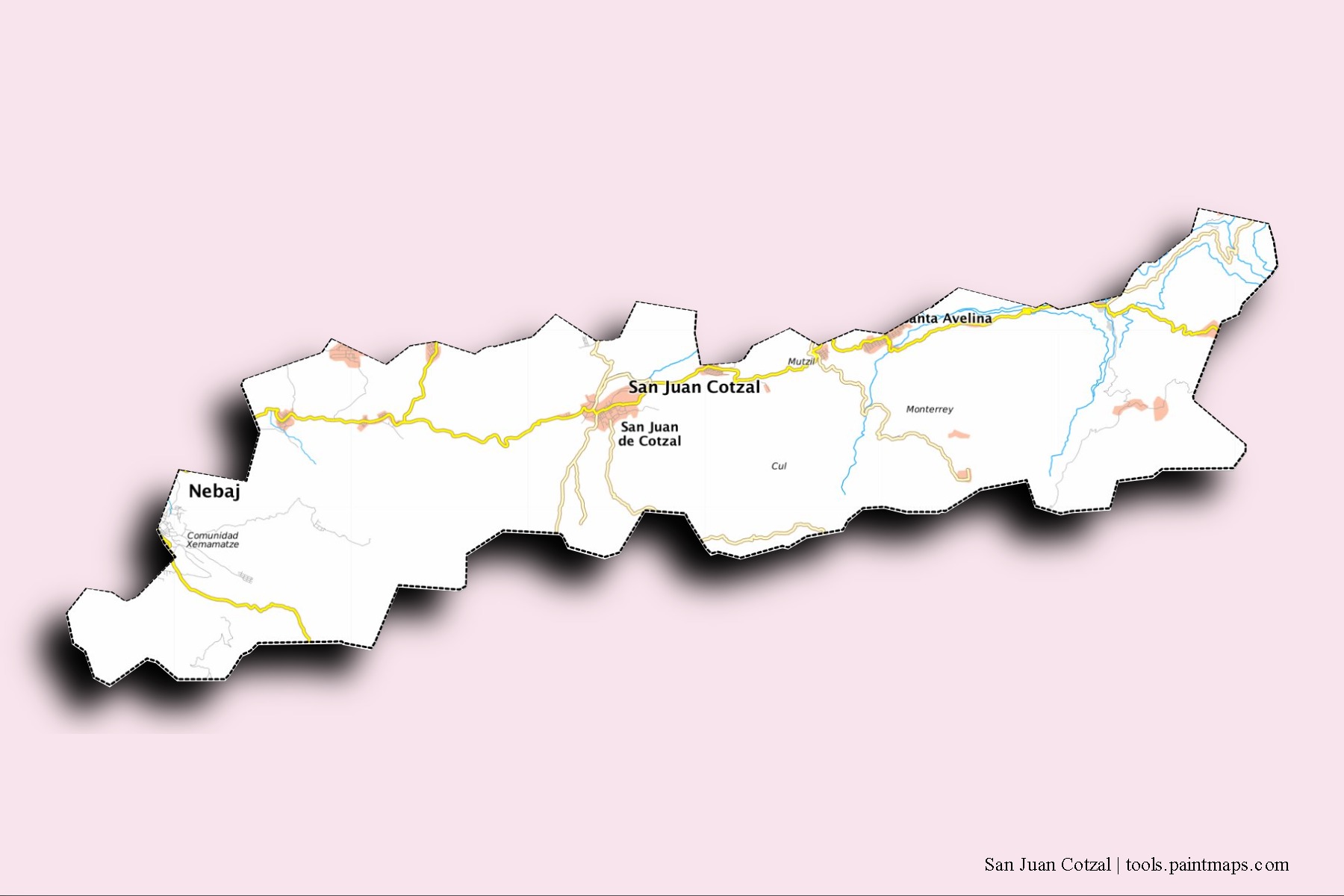 San Juan Cotzal neighborhoods and villages map with 3D shadow effect