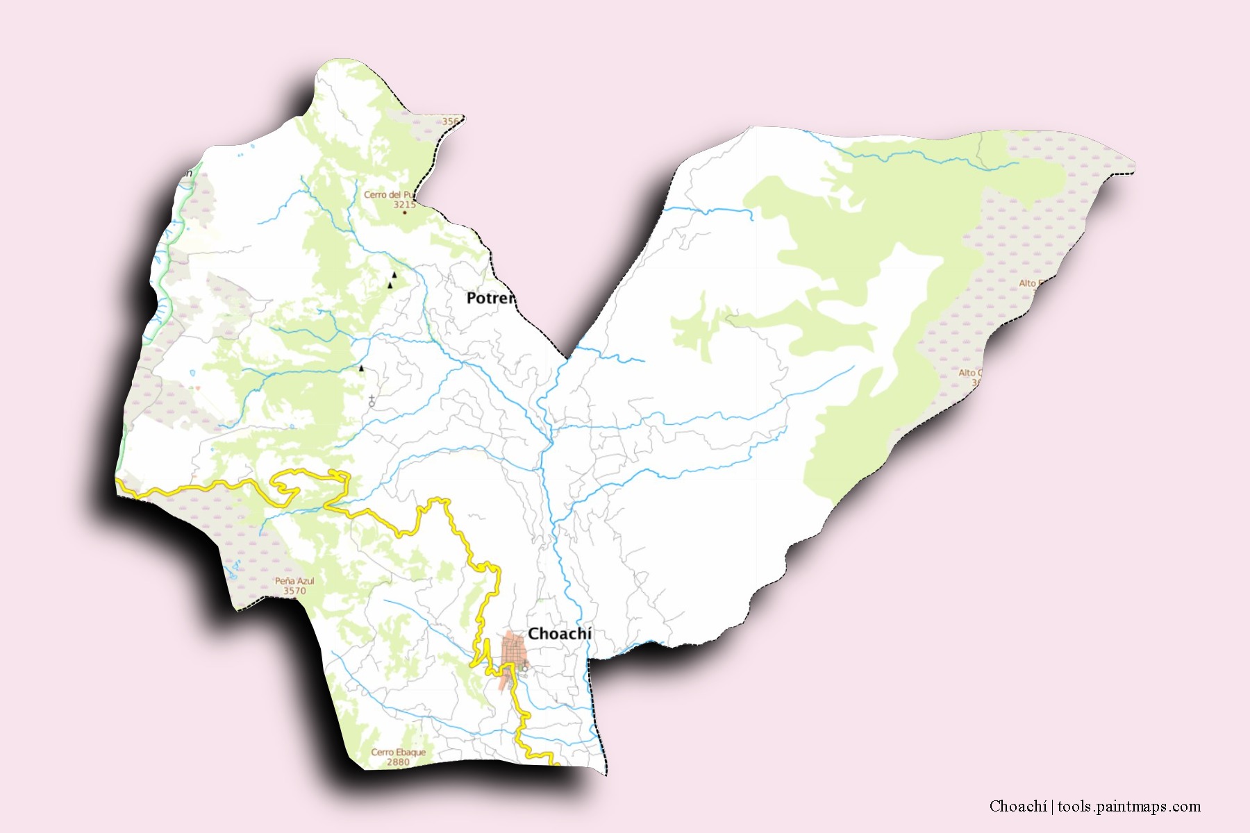 3D gölge efektli Choachí mahalleleri ve köyleri haritası