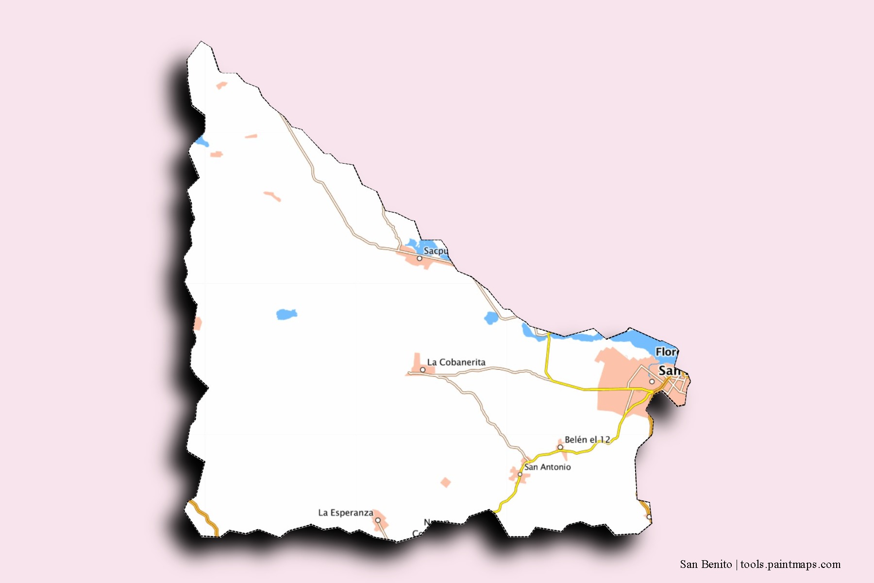 Mapa de barrios y pueblos de San Benito con efecto de sombra 3D