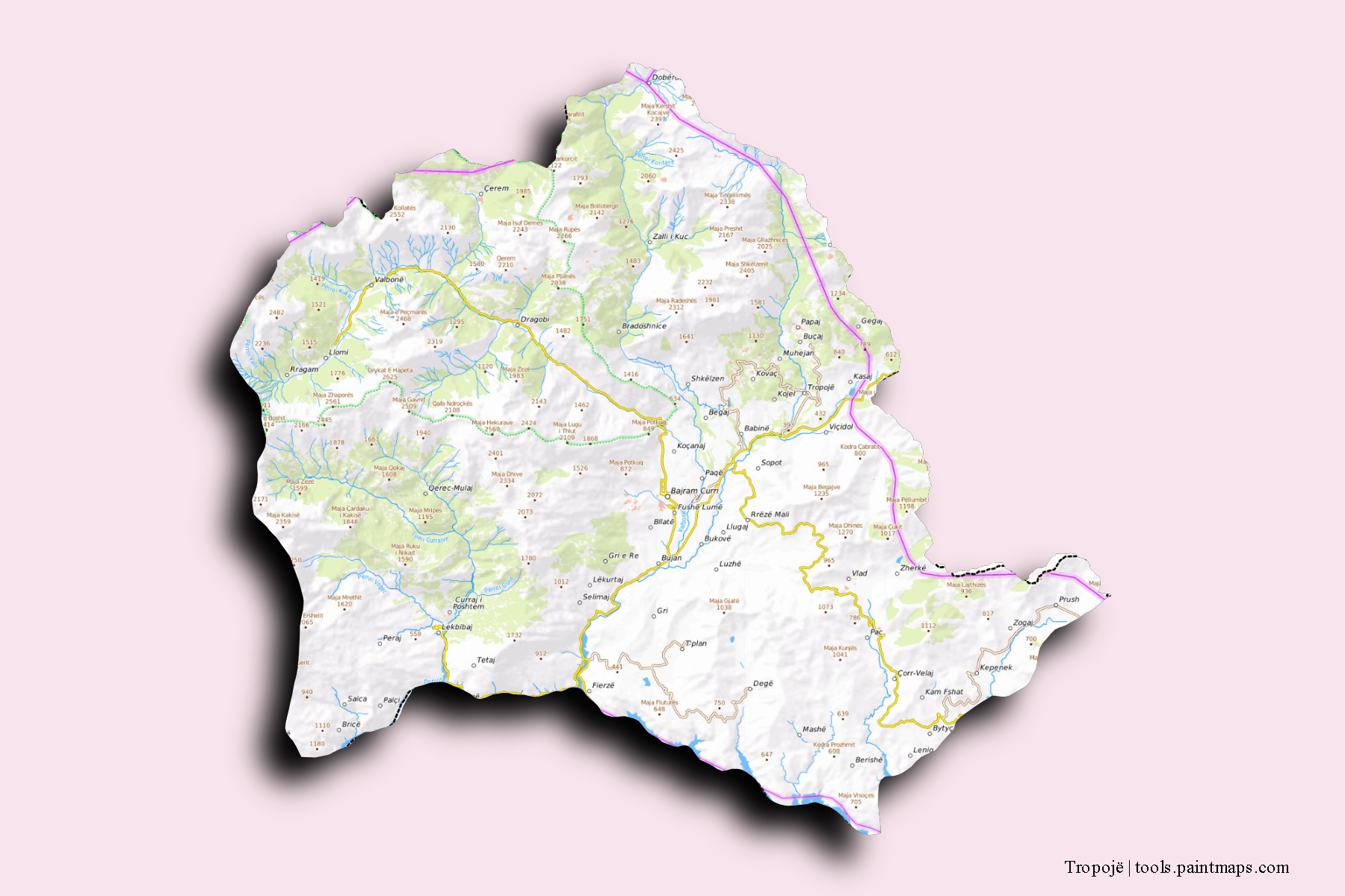 Mapa de barrios y pueblos de Tropojë con efecto de sombra 3D