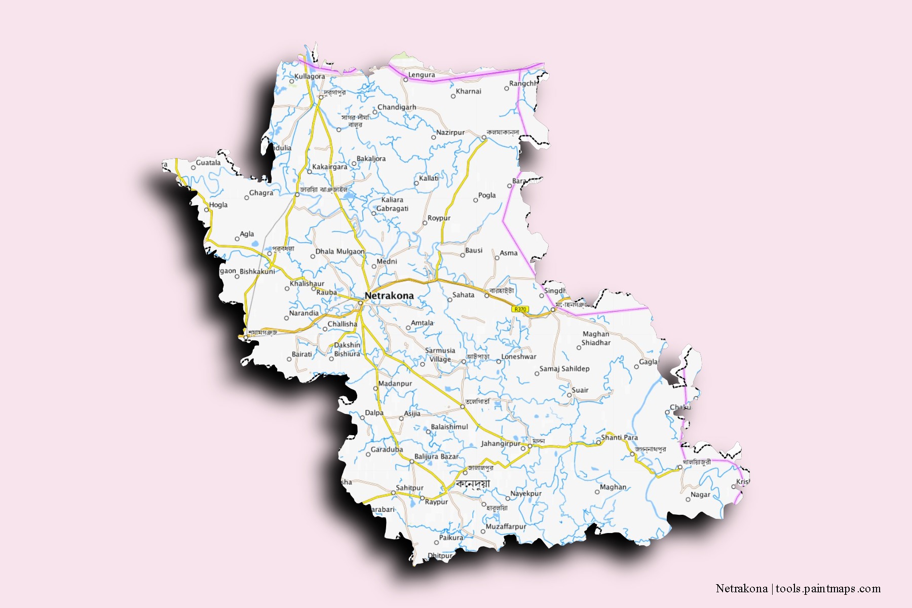 Mapa de barrios y pueblos de Netrakona con efecto de sombra 3D