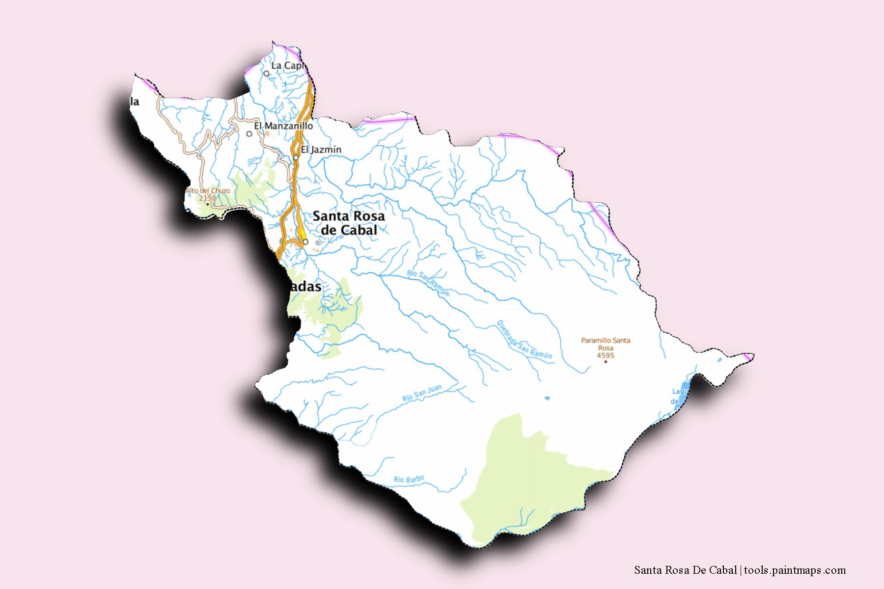 Santa Rosa De Cabal neighborhoods and villages map with 3D shadow effect