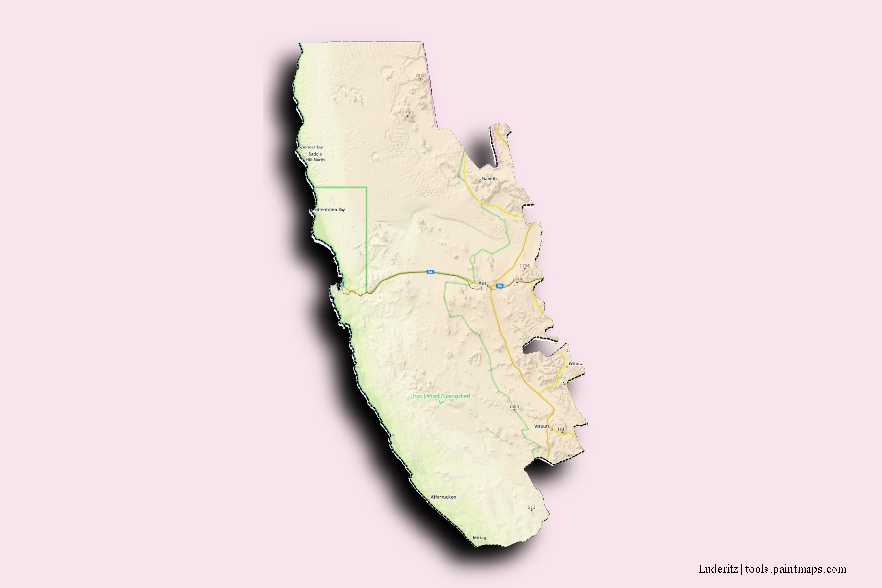 Mapa de barrios y pueblos de Luderitz con efecto de sombra 3D