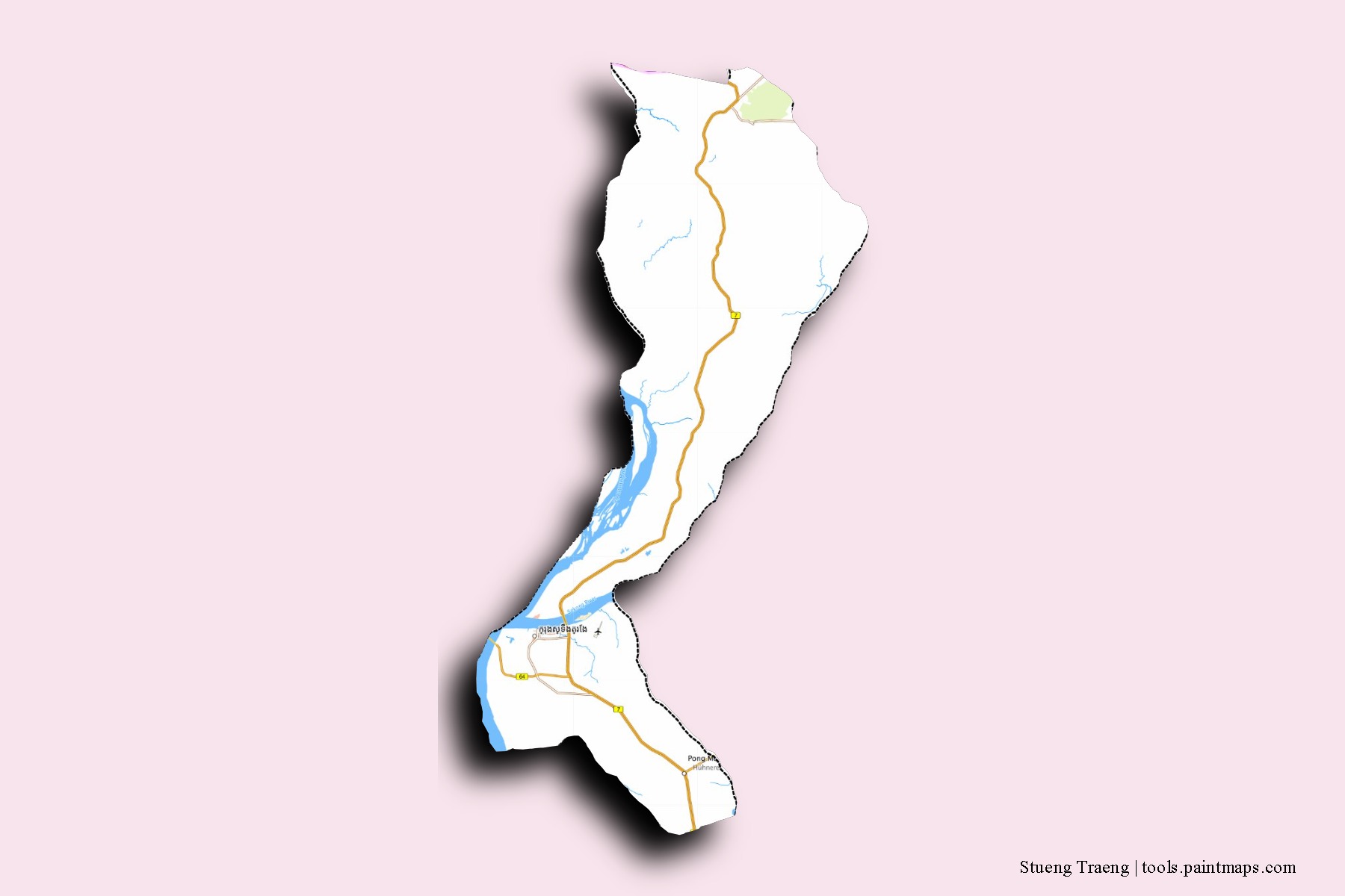 Mapa de barrios y pueblos de Stueng Traeng con efecto de sombra 3D