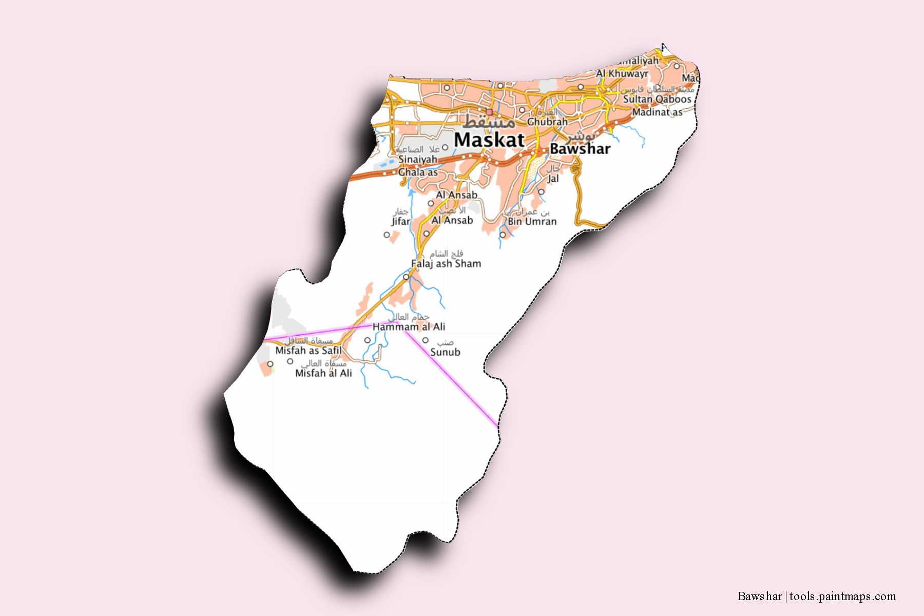 Mapa de barrios y pueblos de Bawshar con efecto de sombra 3D